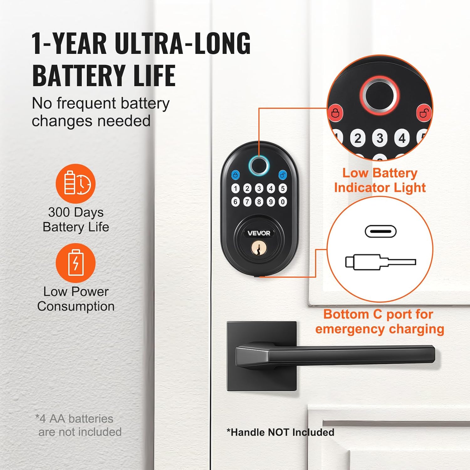 VEVOR Fingerprint Door Lock, with Fingerprint/Keypad Code/Key, One-Time and Anti-Peeking Password, Silent Mode, Constant Unlock Mode, Aluminum Alloy Panel, Electronic Keypad Deadbolt for Entry Doors