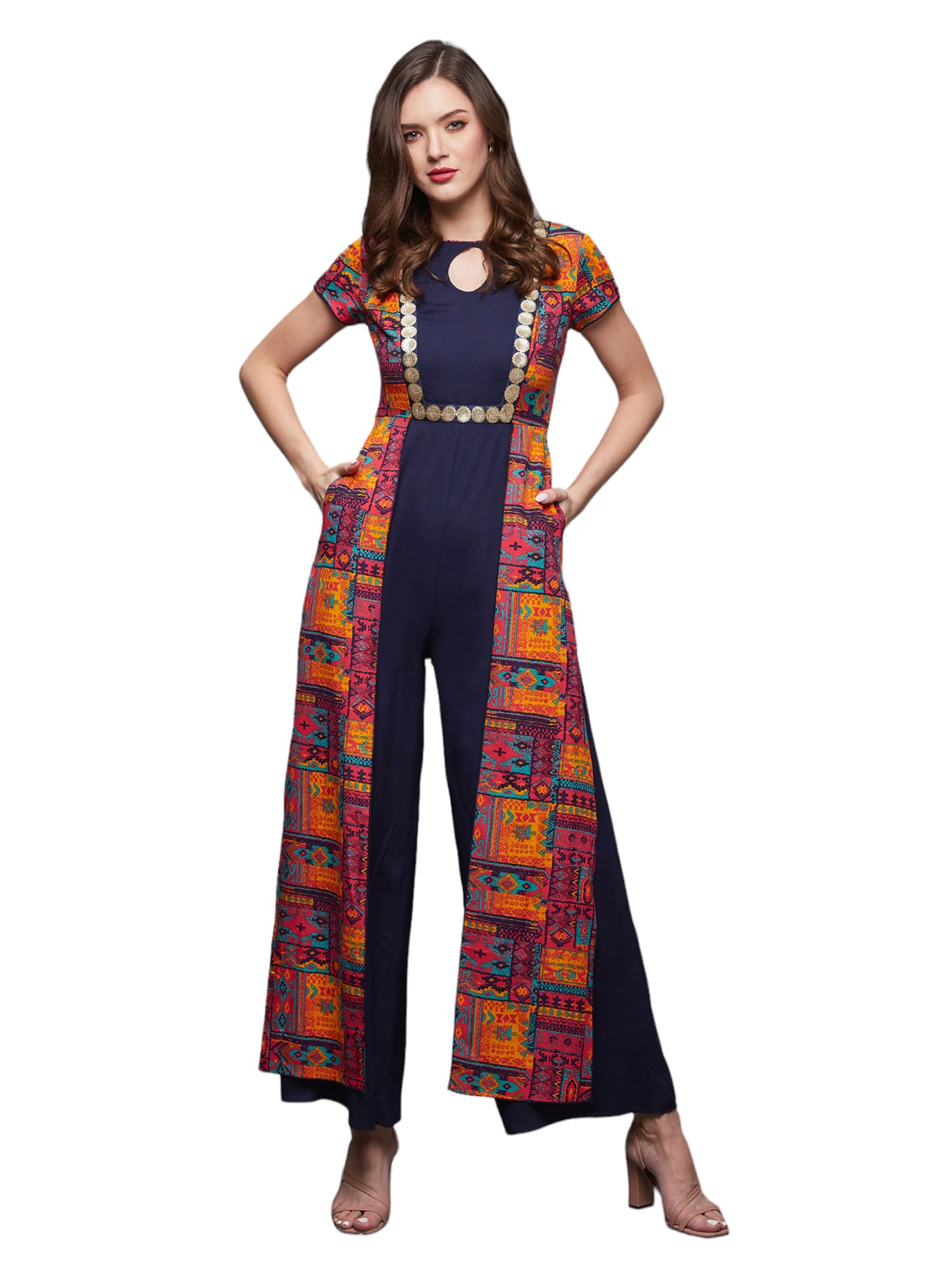 life with pockets Women's Keyhole-Neck Regular Sleeve Bohemian Panelled Regular-Length Jumpsuit (LPSS25D93-87-178-08, Multicolored-Base-Navy Blue, 3XL)-picture-12