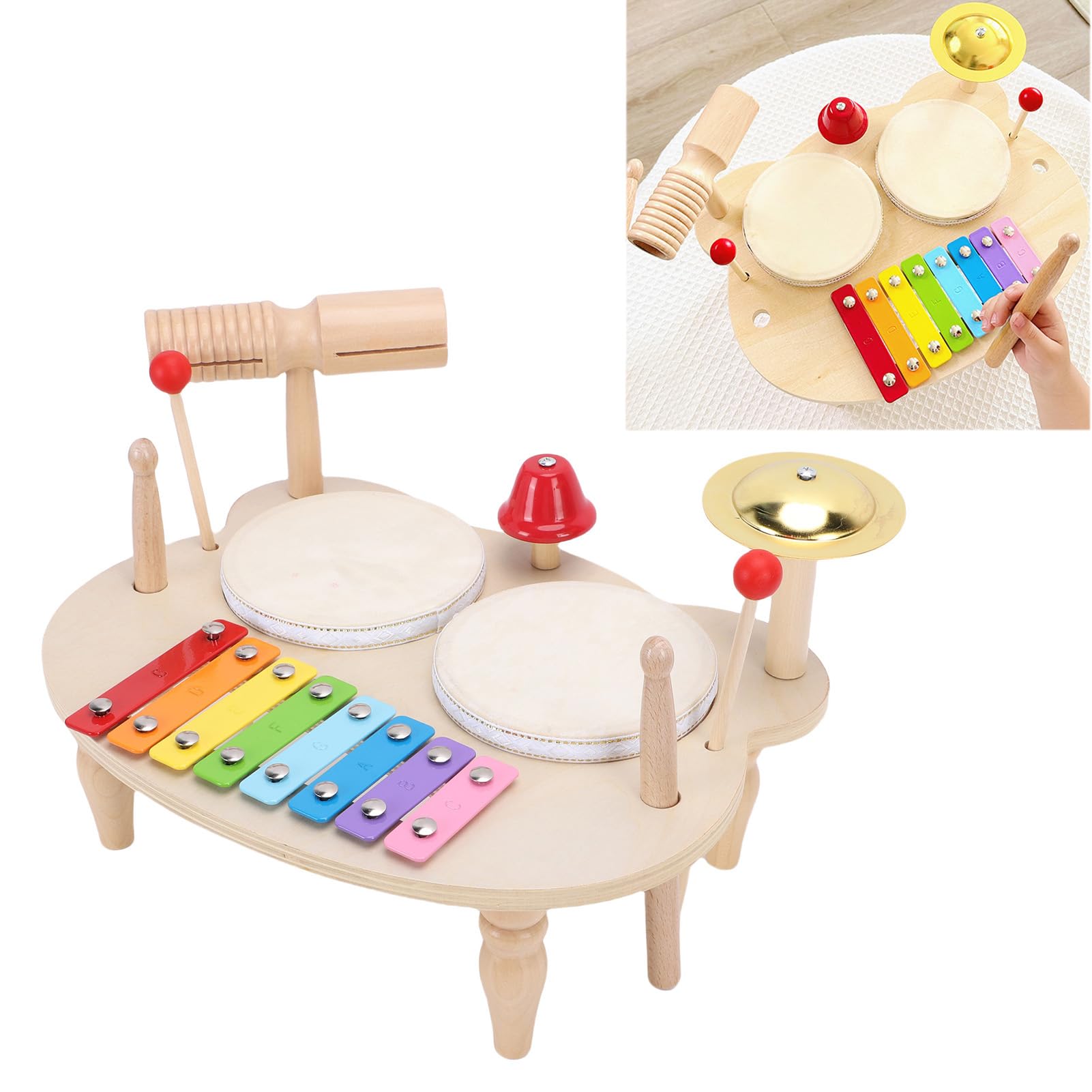 Jiawu Set di Batteria per Bambini in Legno, Costruzione in Tiglio Codificato a Colori per l'apprendimento degli Strumenti a Percussione in Legno, Giocattolo Musicale in con Bacchette e Accessori per