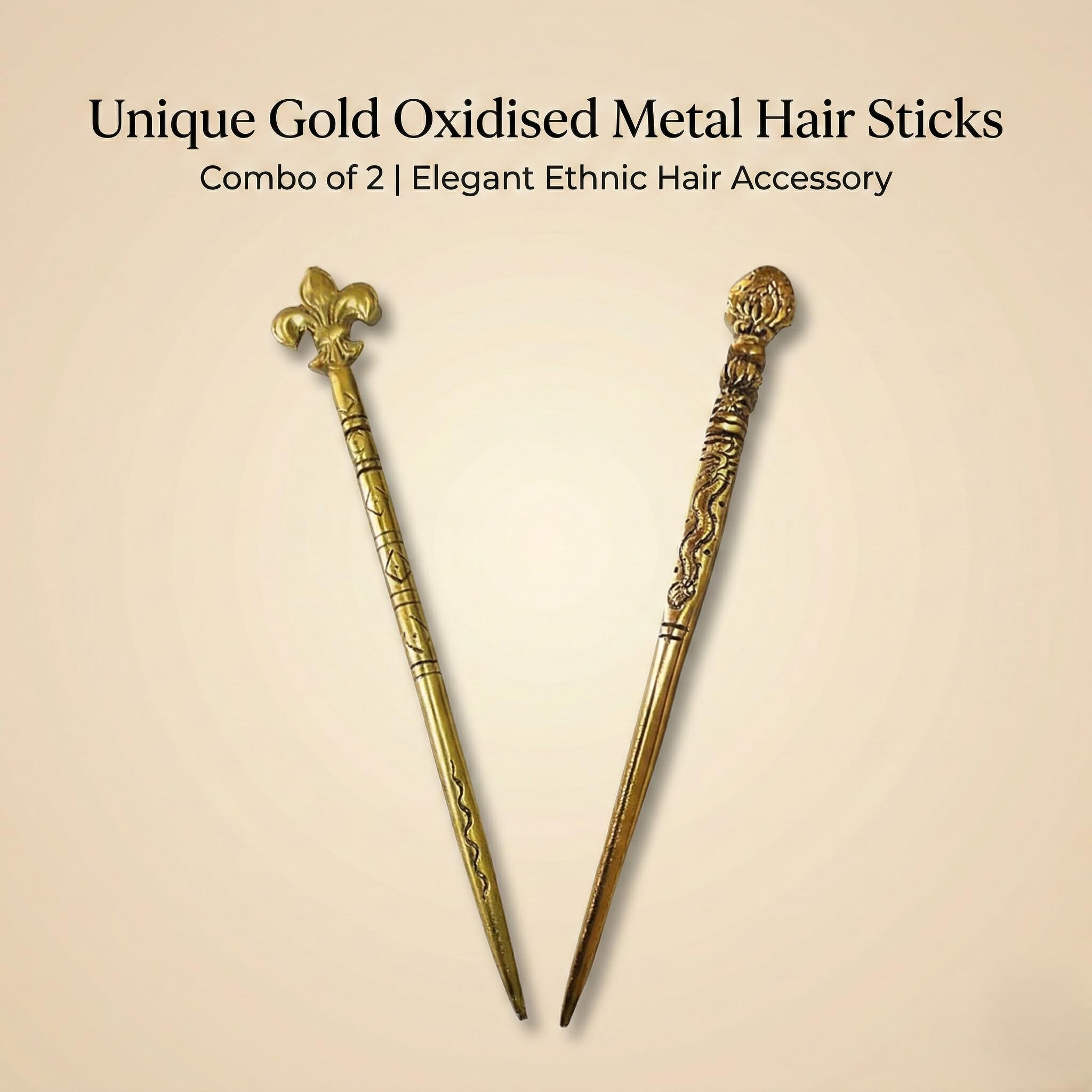 Salvus APP SOLUTIONS Oxidised Metal Work Golden Hair Stick for Girls- Set of 2, Juda Stick for Women, Juda Pin Bun Stick (Gold_6.5 INCH) (Assorted) 1