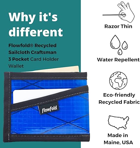 Miniatura 4 de Flowfold Billeteras de tela de vela reciclada, cartera con 3 bolsillos para tarjetas, billetera con bolsillo frontal, cartera delgada para tarjetas,