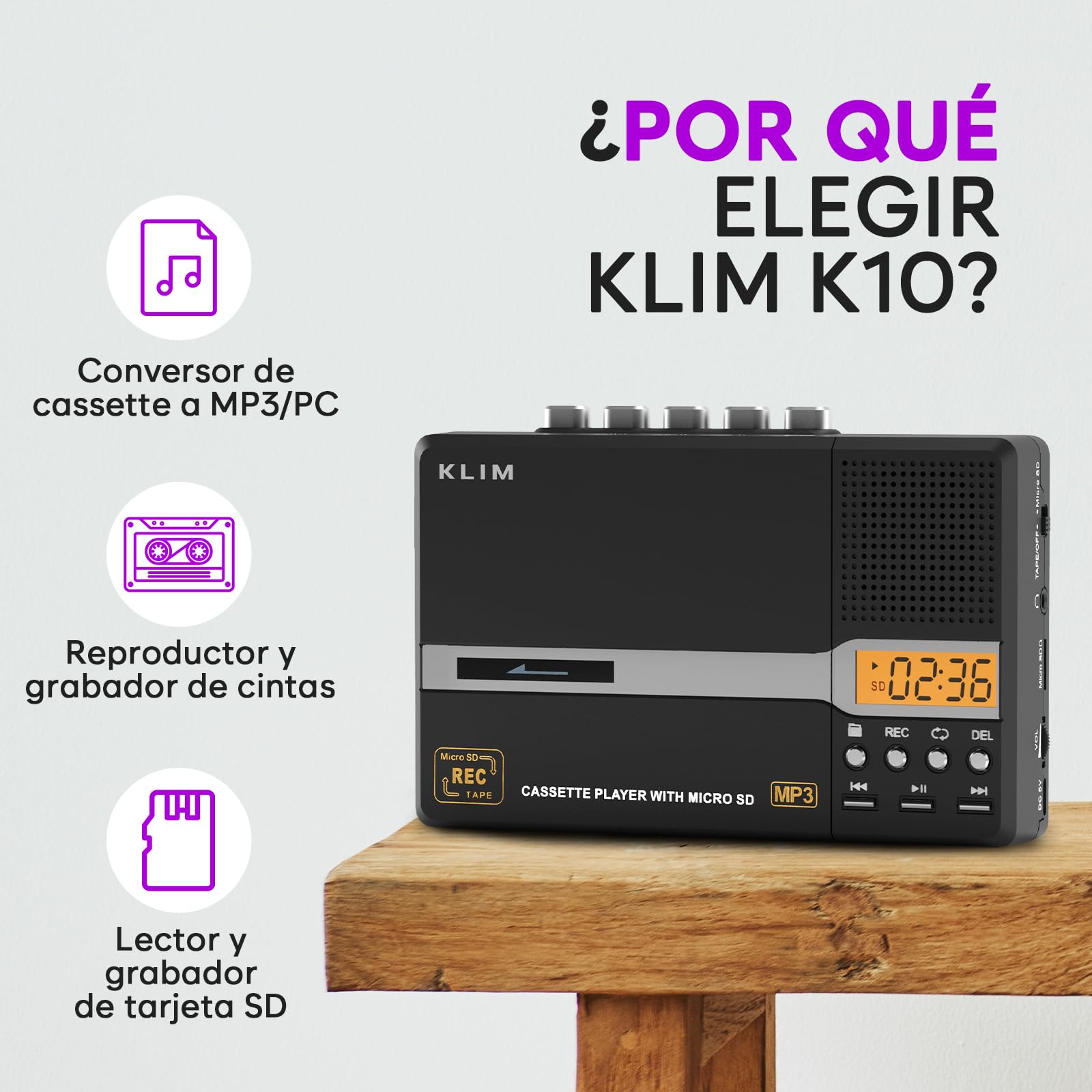 KLIM K10 Reproductor Cassette Portátil & Grabadora Cassette & Convertidor a MP3 + Micrófono & Altavoz Integrados + Transferencia USB PC + Pilas/USB + Tarjeta SD 8GB + Auriculares - Negro