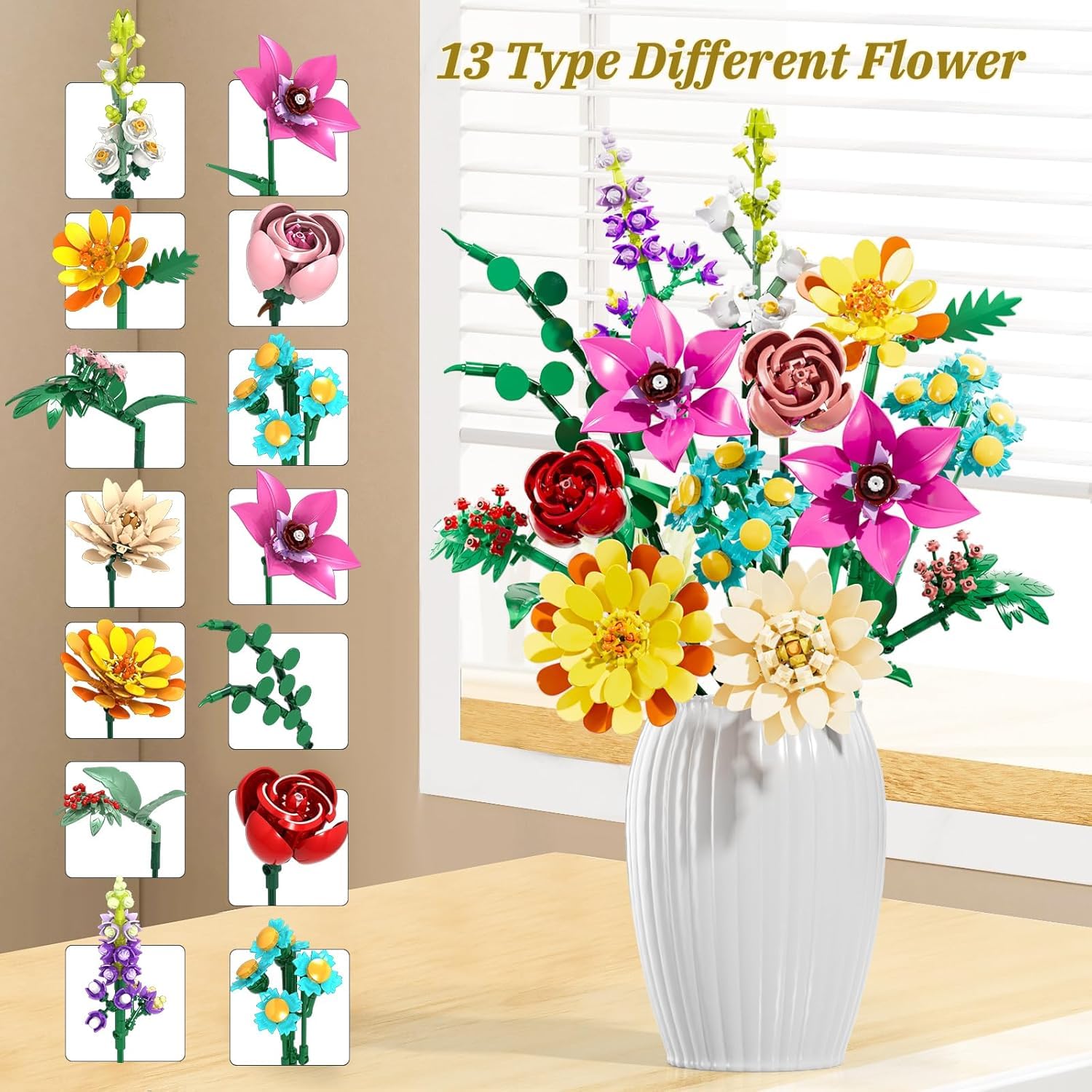 Ranedo Kit Bouquet Di Fiori In Mattoncini - 534 Pezzi, Set Botanico Per Adulti E Bambini, Colore Giallo E Viola