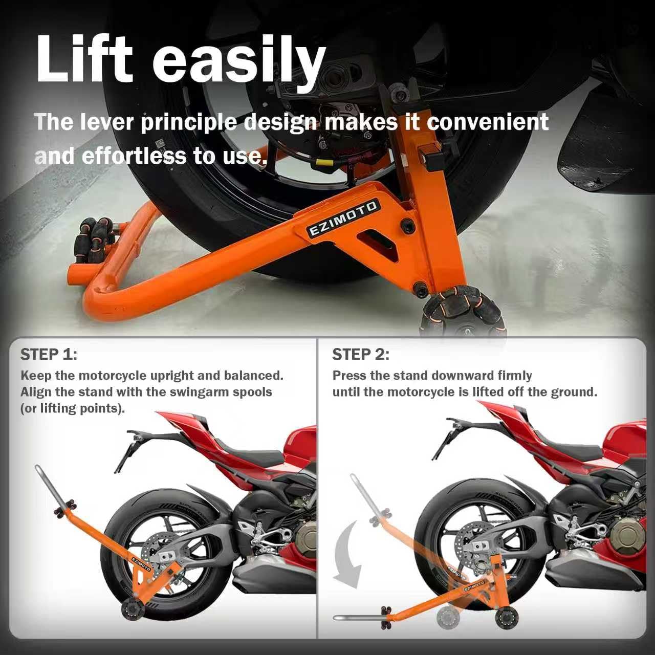 Sport Motorcycle Rear Stand,Paddock Stand, 360° Movable Lift Stand, Heavy Duty with Wheels, 880 lb Capacity (Orange, Double Arm)