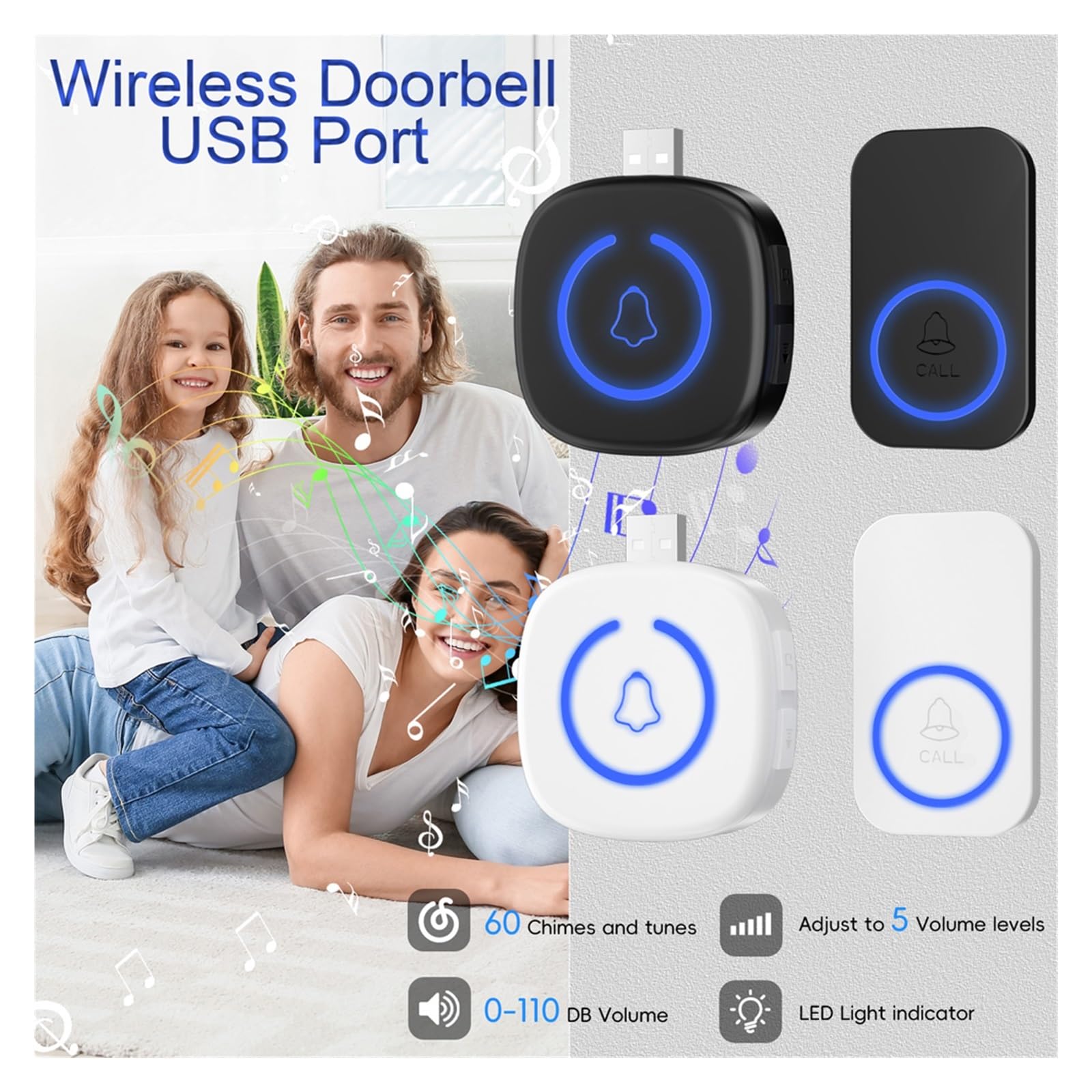 MHz Sonnette sans Fil extérieure for la Maison USB Sonnette de(Black Doorbell 12)