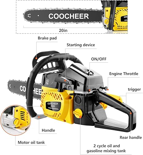 Miniatura 2 de COOCHEER Motosierras de gas de 62 CC, motosierra de gasolina de 2 tiempos de 20 pulgadas y 3.5 HP con tocones de árboles, extremidades, tala de