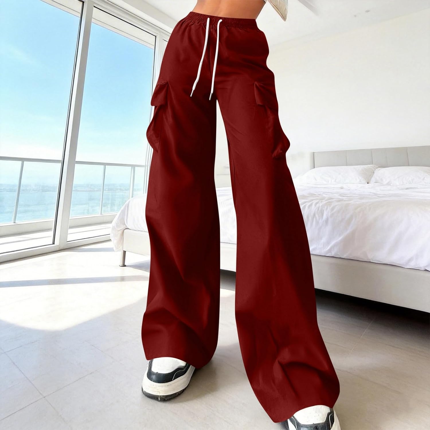 Gumipy Wide Leg Cargo Pants for Women Comfy Work Hiking Elastic Waist Drawstring Casual Pants Lightweight Loose Fit Trousers