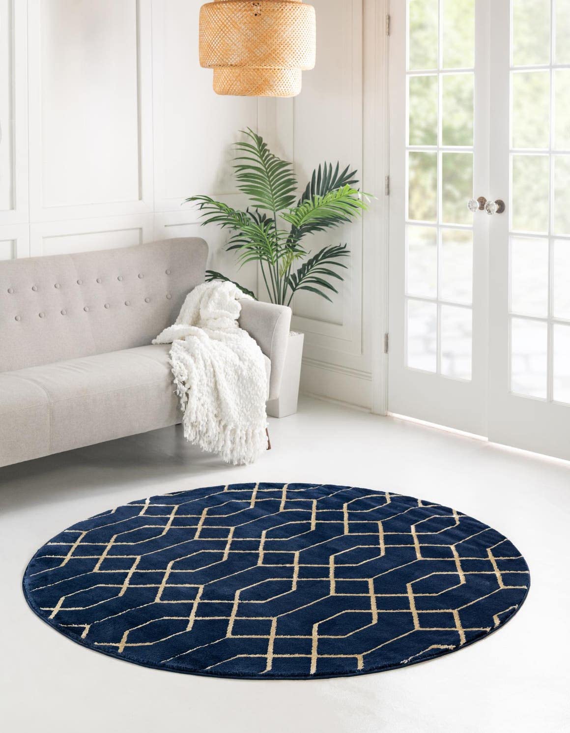 Unique Loom Glam Collection Area Rug - Trellis (7' 10" Round, Navy Blue Gold/ Gold)