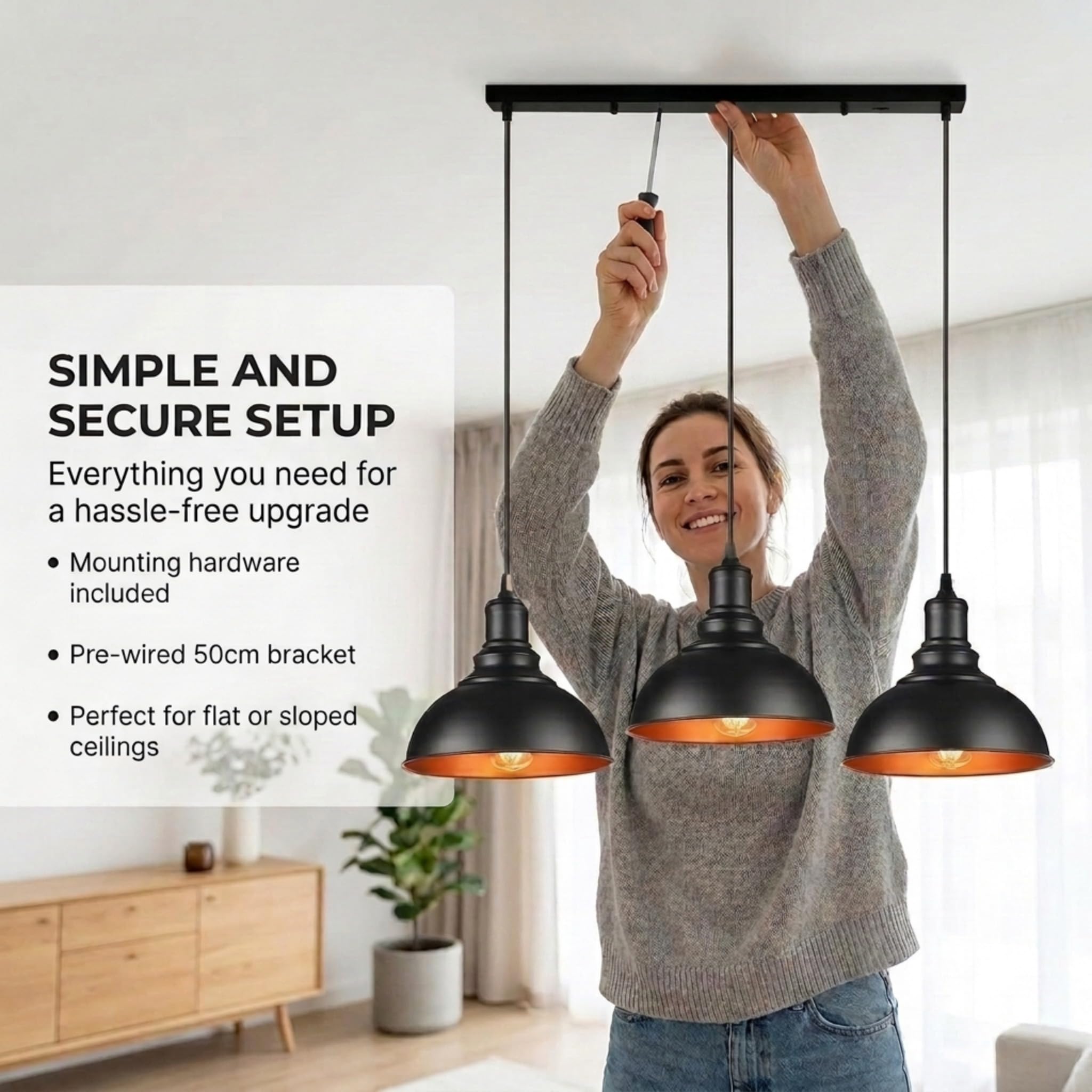 LEDSone Nowoczesna 3-światłowa lampa sufitowa wisząca o regulowanej wysokości z metalowymi kloszami 50 cm w stylu nordyckim, lampa wisząca do jadalni, wyspy kuchennej, salonu, sypialni