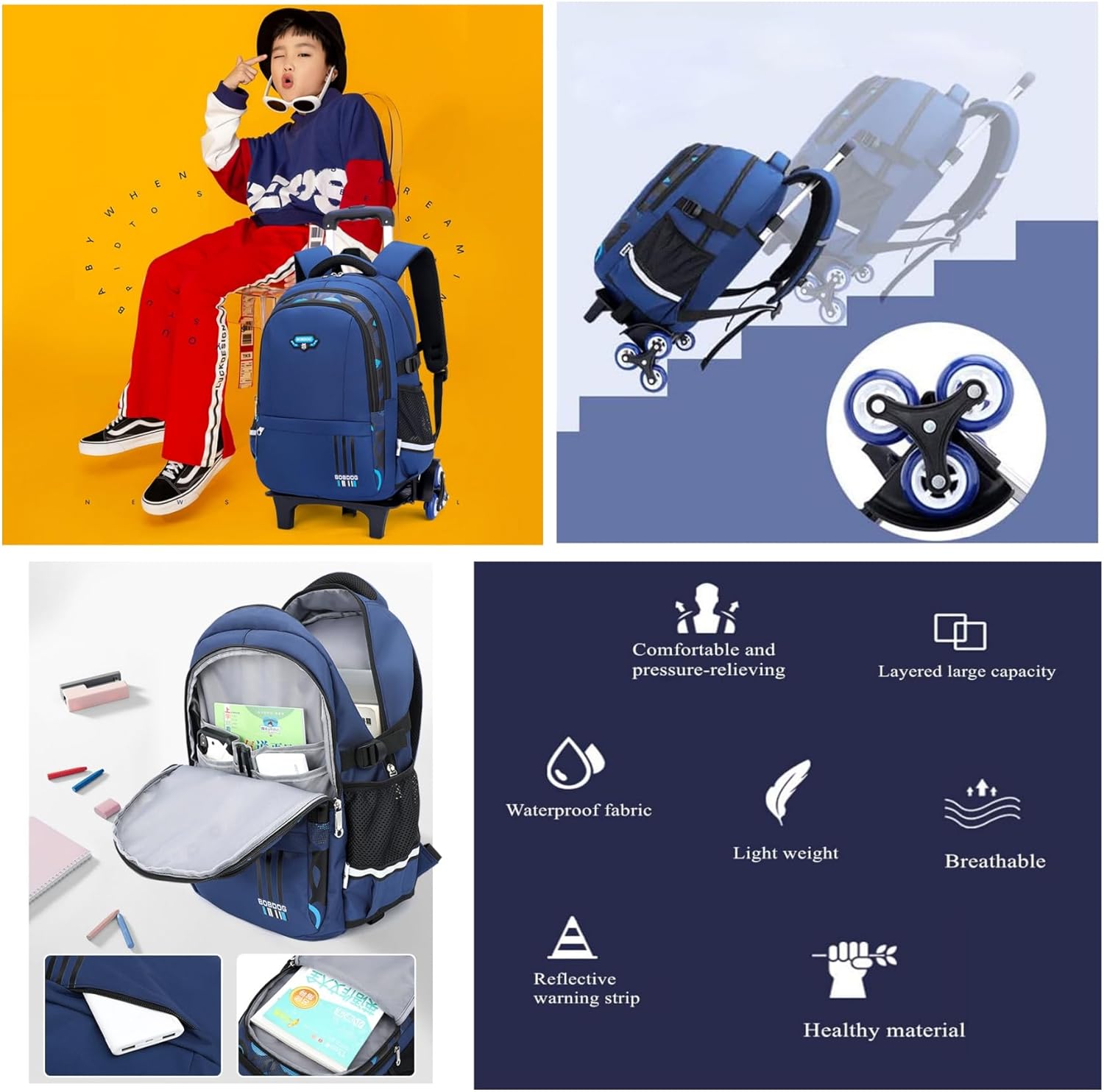 Solid Color Elemetary Rolling Backpack,Camo Prints Kids Wheeled School BookBag,Backpack with wheels for boys - Image 5