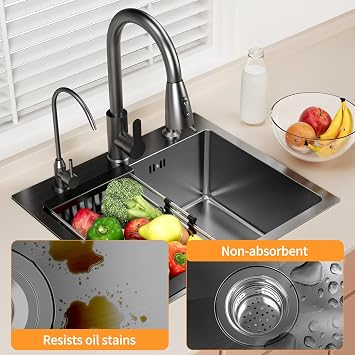 Black Kitchen Sink, Waterfall Kitchen Sink, Stainless Steel Single Bowl Sink, Includes Drainage Pipes and Fruit Baskets, Corner Kitchen Workstation Sink (19.7 x 17.7)