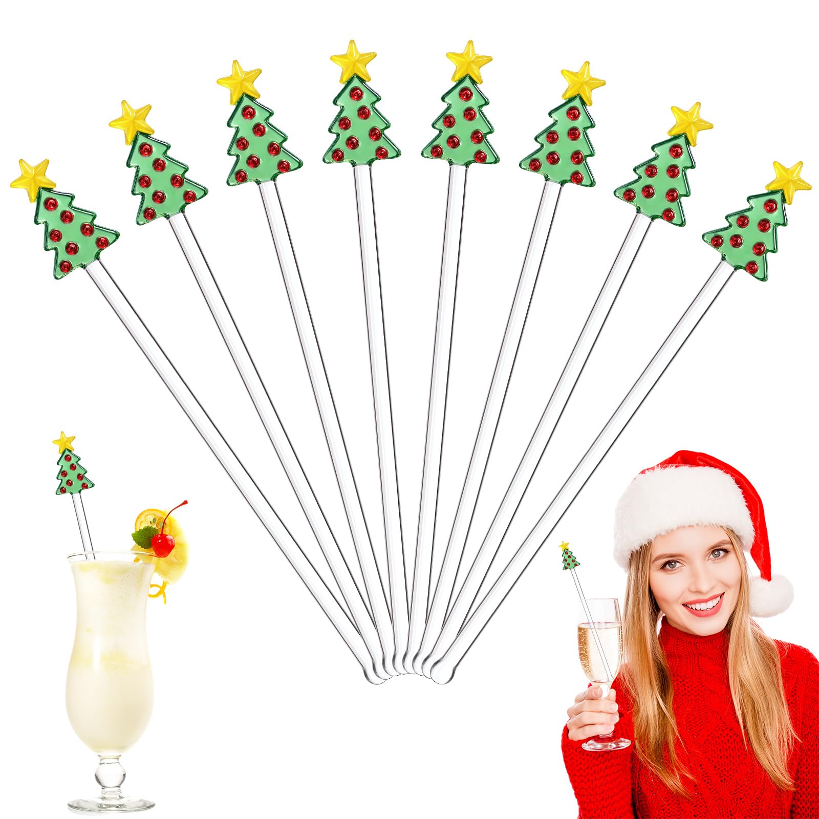 Pickmesh 8 Pcs Christmas Drink Stirrers Glass Christmas Tree Cocktail Stirrers Reusable Stir Swizzle Sticks Hot Cocoa Bar Supplies Chocolate Decoration for Home Office Bar Restaurant