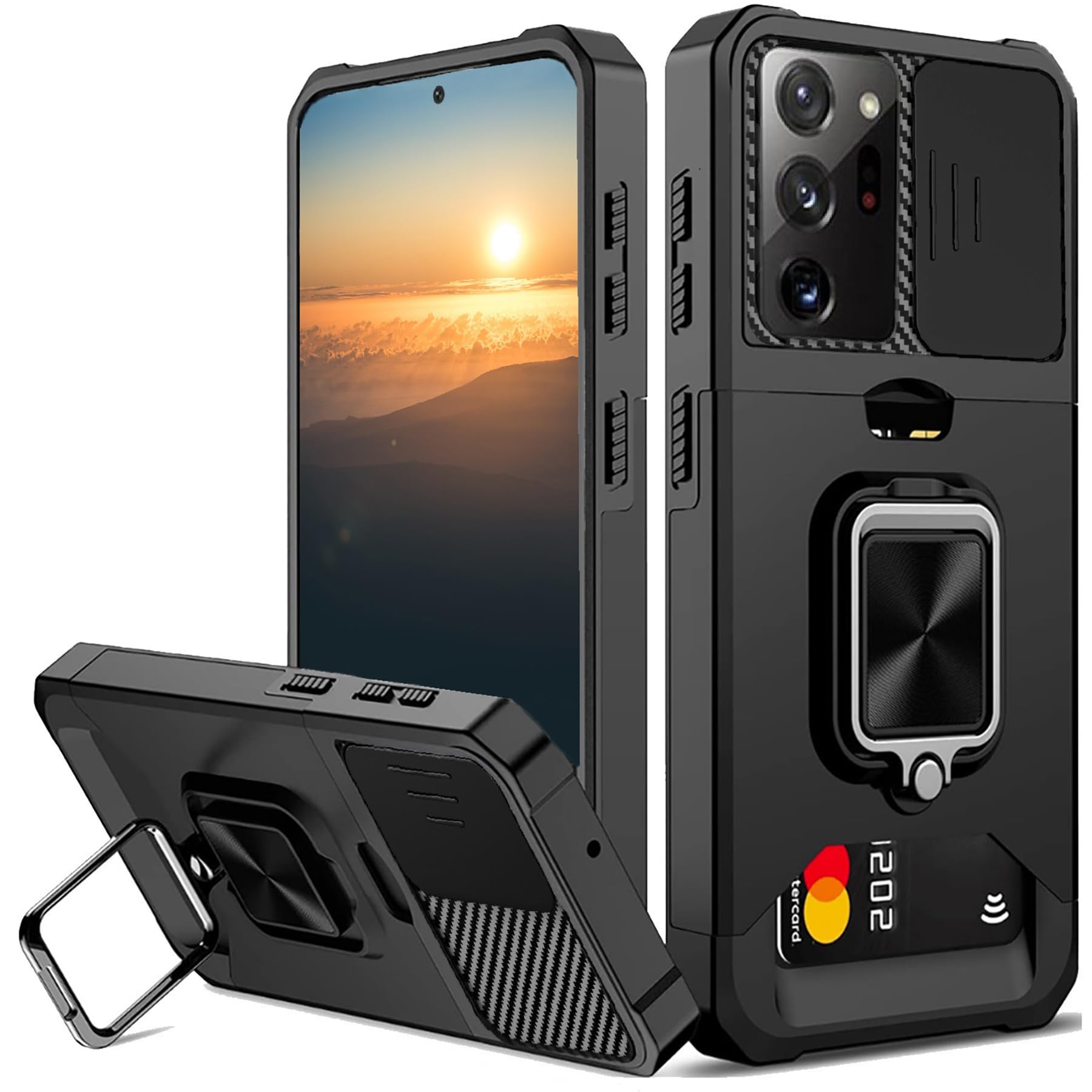 rojarou for Samsung Galaxy Note 20 Ultra Case with Card Holder,Slide Camera Cover, 360° Rotate Ring Kickstand,Heavy Duty Protective for Note 20 Ultra Cover-Black