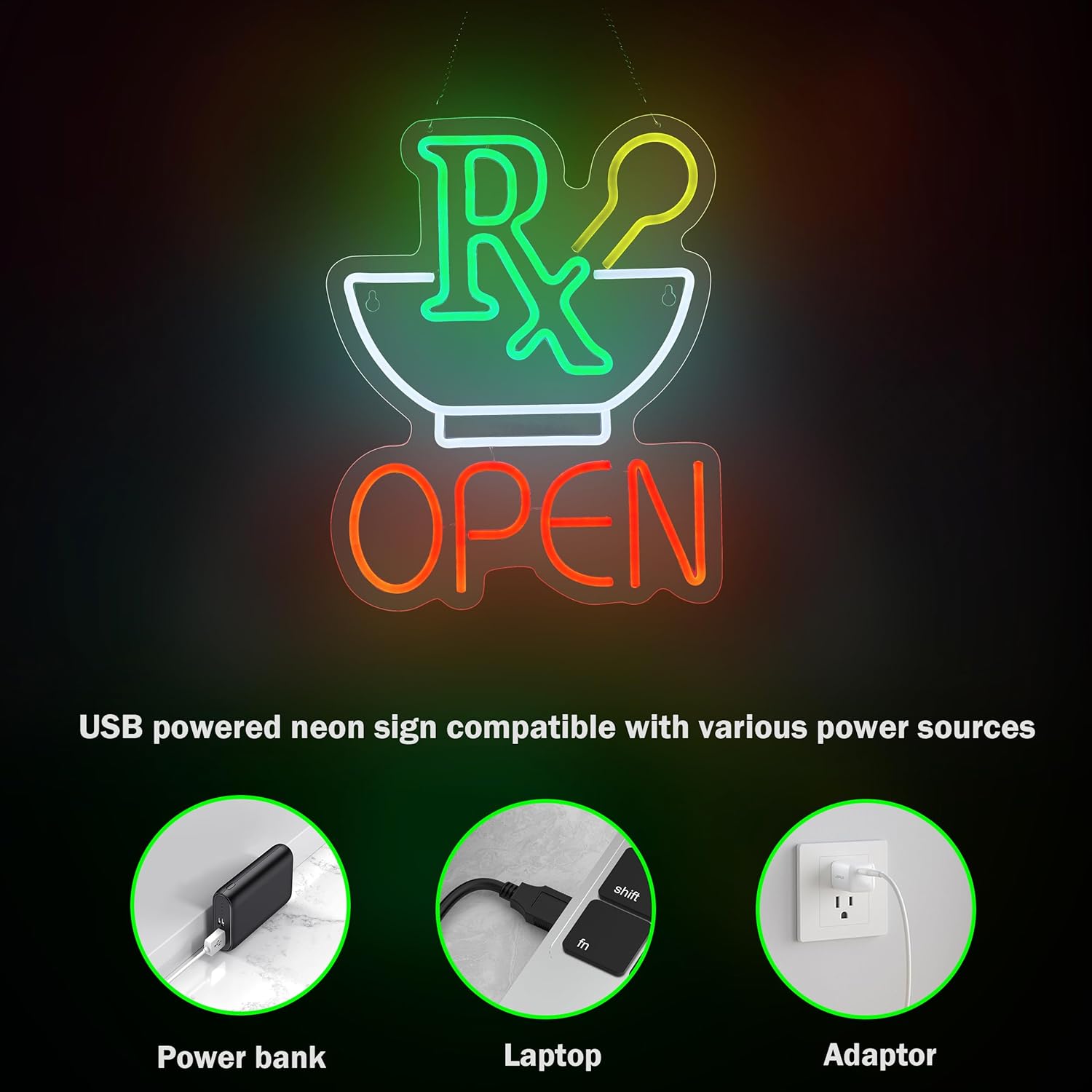 Pharmacy RX Open Neon Sign for Wall Décor Dimmable Business Medicine Shop LED Neon Light USB Powered Neon Art Signs Decor