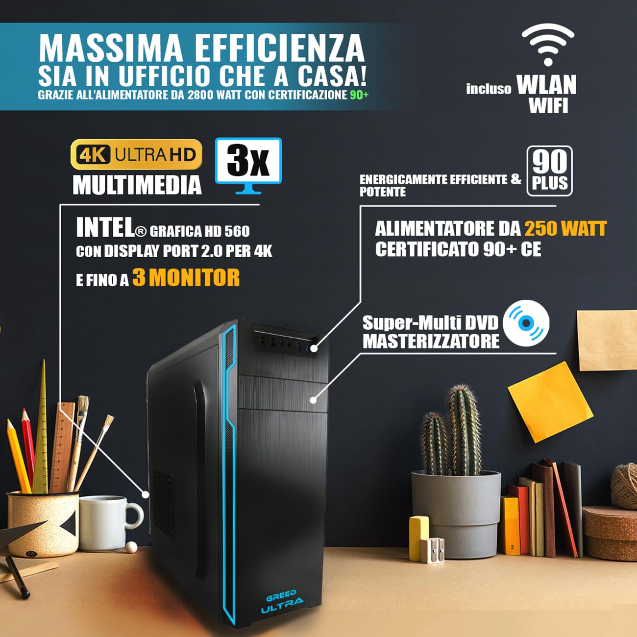 GREED® Ultra 7 - PC veloce con Intel Core i7 - Computer silenzioso + calcolatrice per ufficio e casa ufficio con RAM DDR4 da 16 GB, SSD da 1 TB + HDD da 1 TB - DVD+RW - WLAN - incl. Win 11 Pro