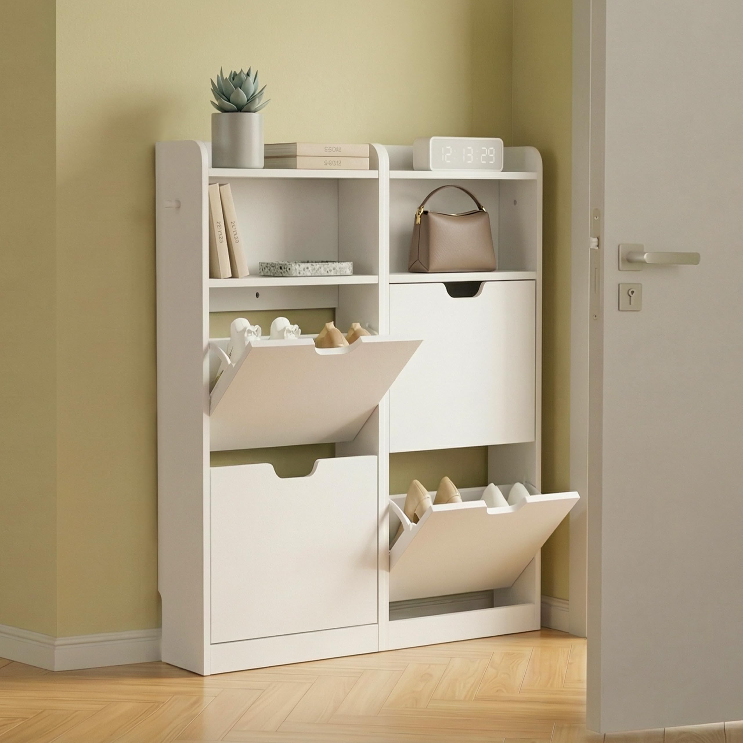 Yaheetech Schuhschrank 4 Klappen, Schuhkipper Schuhregal mit Offenen Fächern, Schuhablage Schmal für Eingang, Flur, Wohnzimmer, 100 × 17 × 108,5 cm, Weiß
