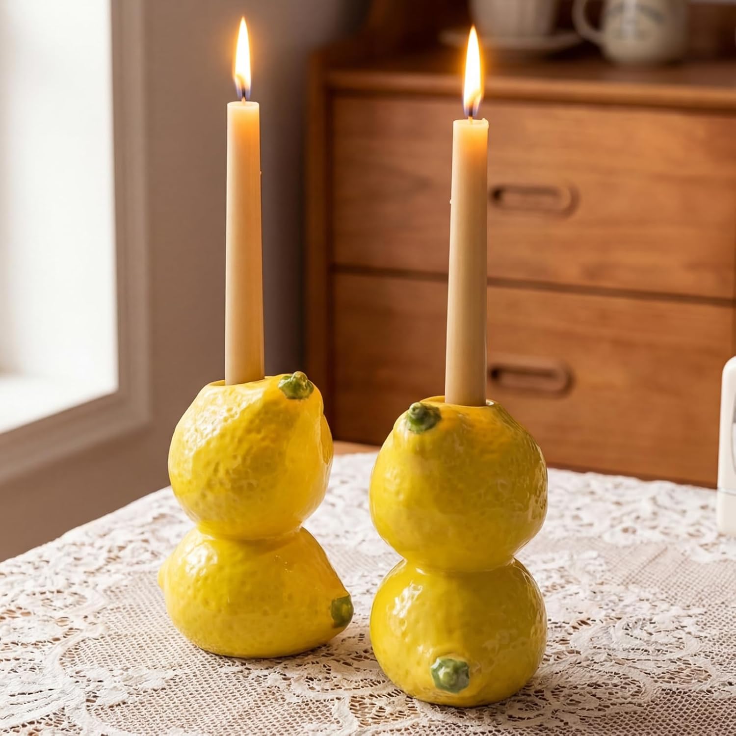Set of 2 Lemon Taper Candle Holders Lemon Party Decorations Table Centerpiece Summer Citrus Candlestick Holders for Home Kitchen Dining Room Birthday Wedding Bridal Shower