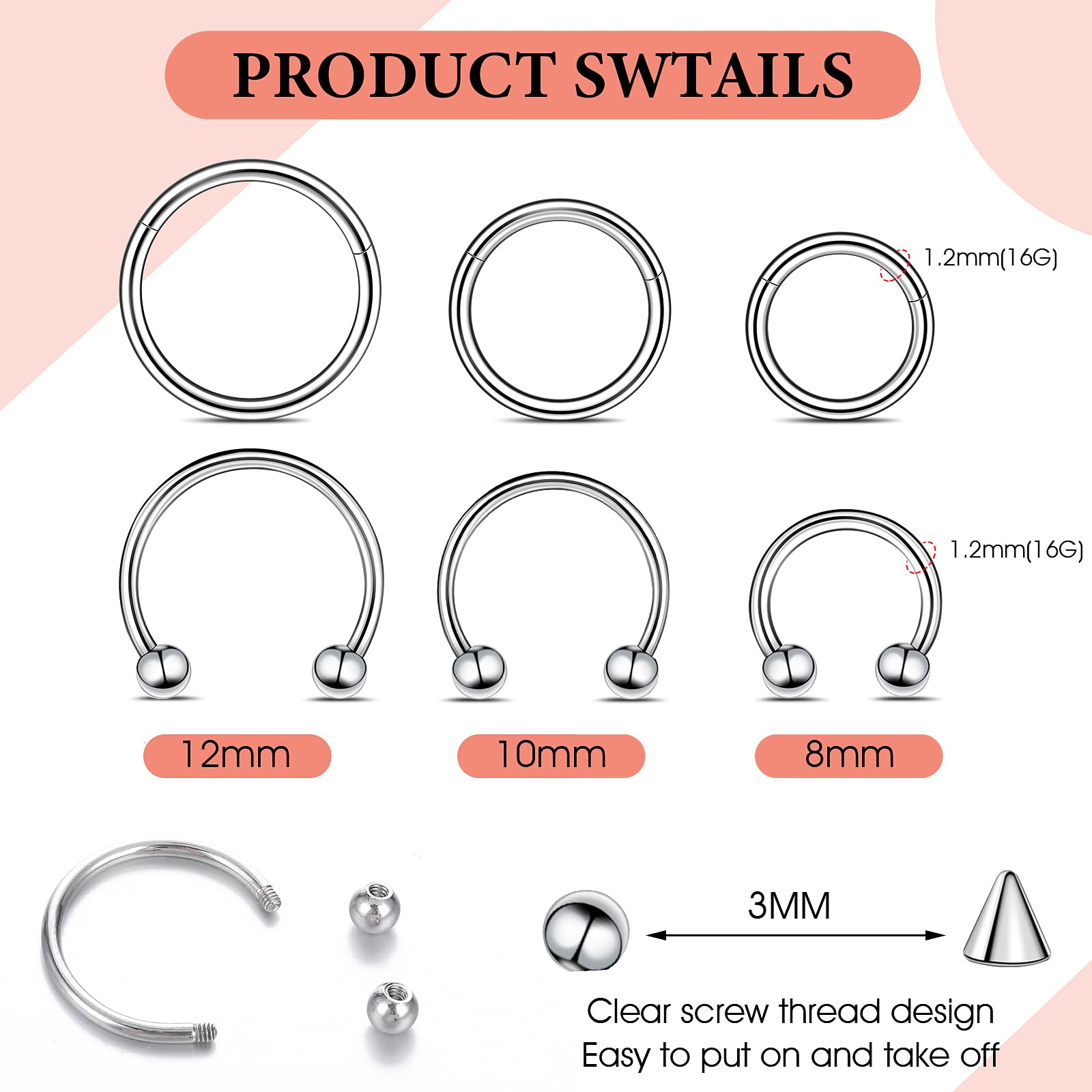12 sztuk kolczyków do piercingu w kształcie podkowy 16G, septum, do wargi, 8/10/12 mm, stal nierdzewna, srebrny, septum nosowe, stal chirurgiczna, piercing do chrząstki, ucha, z zapasowym szpikulcem