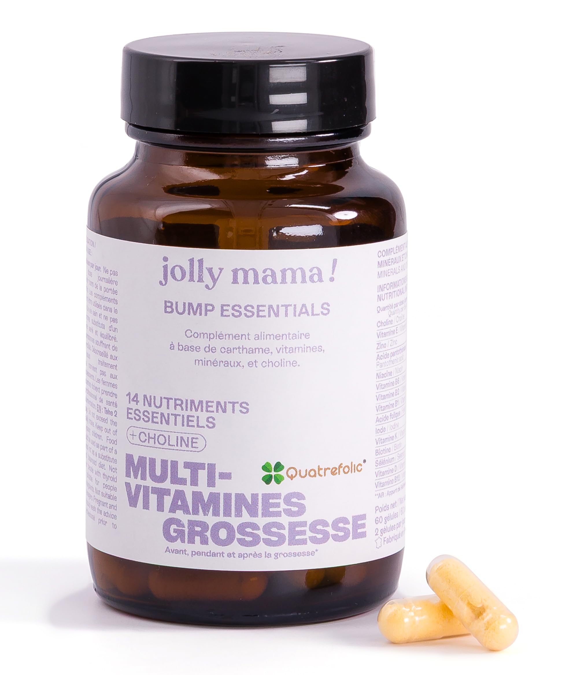 Jolly mama! Bump Essentials | Multi-Vitamines Grossesse | Avec Choline et Vitamine B9 Active Quatrefolic | Fabriqué en France | 100% Vegan I Cure 1 Mois, 60 Gélules
