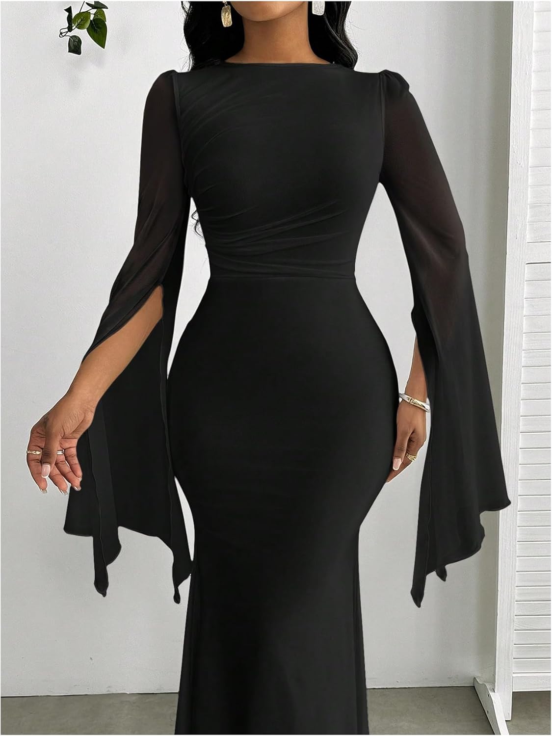 OYOANGLE Women's Slit Mesh Bell Sleeve Fishtail Long Dress Ruched Cocktail Bodycon Dresses - Image 3