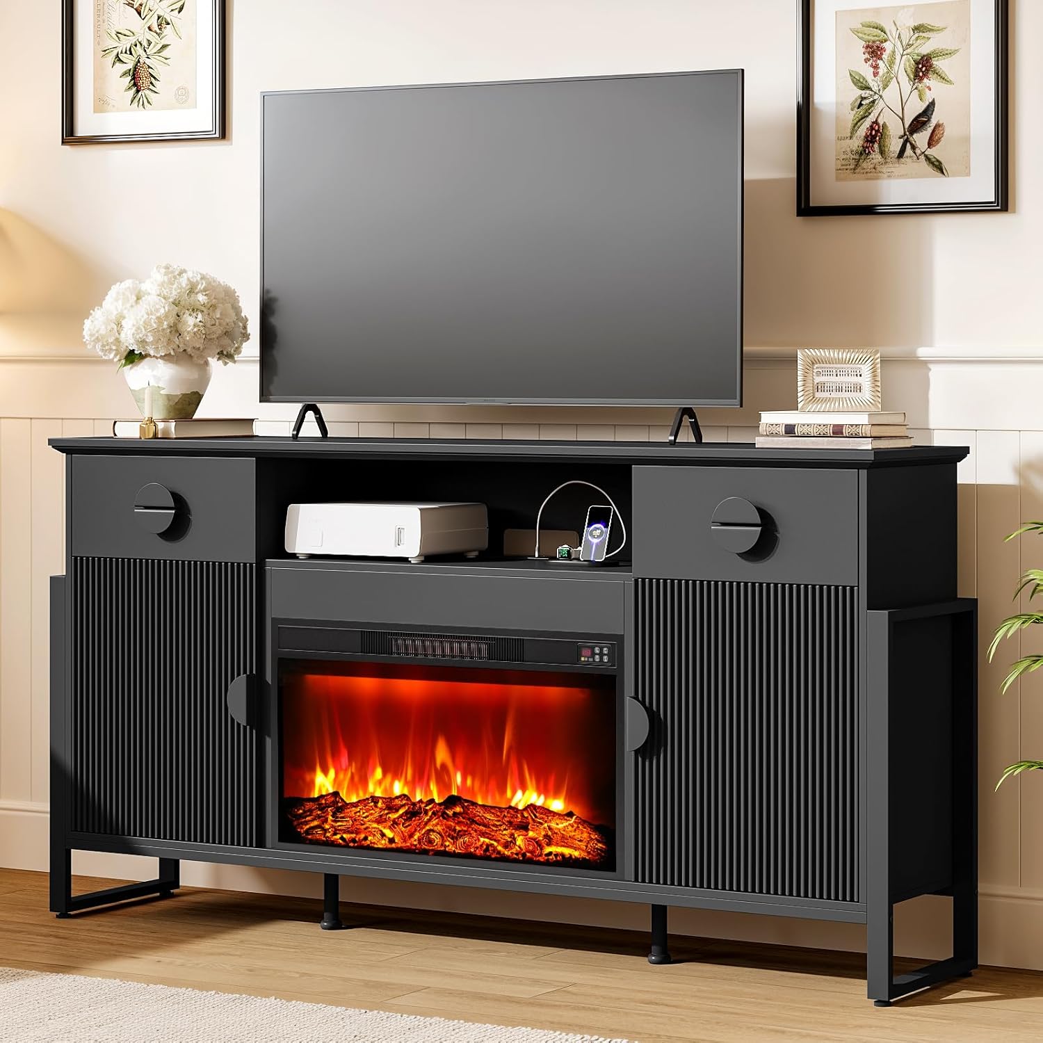 HolliWill 70" Fluted Fireplace TV Stand for 75/80 inch TV, Modern Entertainment Center with 30" Electric Fireplace, Built-in Charging & Large Drawers, Storage Cabinets for Living Room,Black