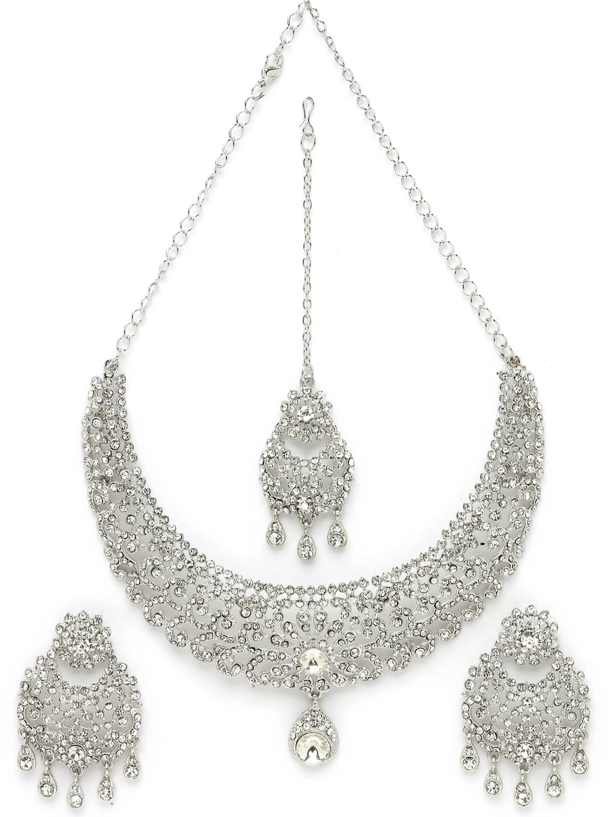 SukkhiDesirable Rhodium Plated Silver AD White Stones Floral Silver Necklace Set With Earring And Maangtika | Jewellery Set For Women (NS105611)