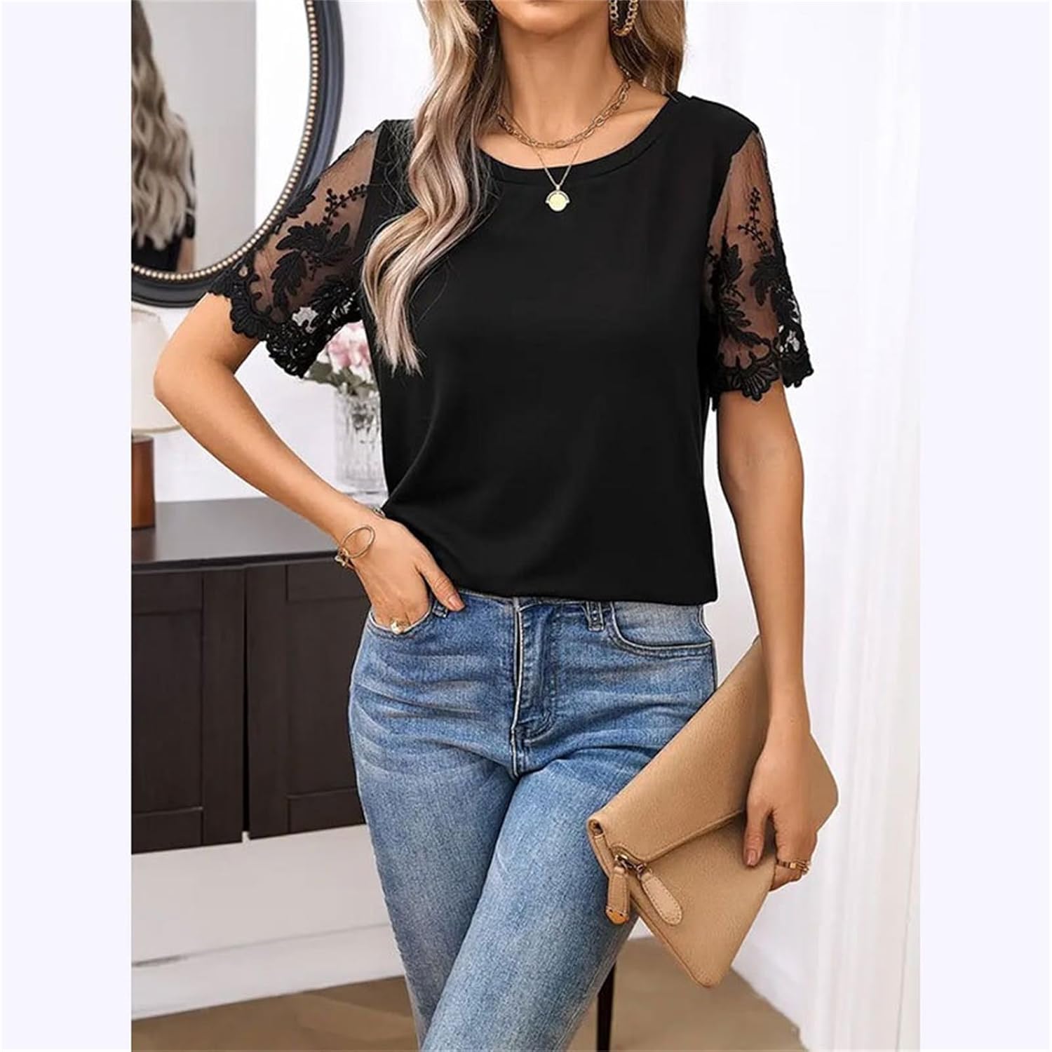 Womens Round Neck Lace Short Sleeves Casual Blouse Tee Shirt Summer Loose Fit Tops - Image 6