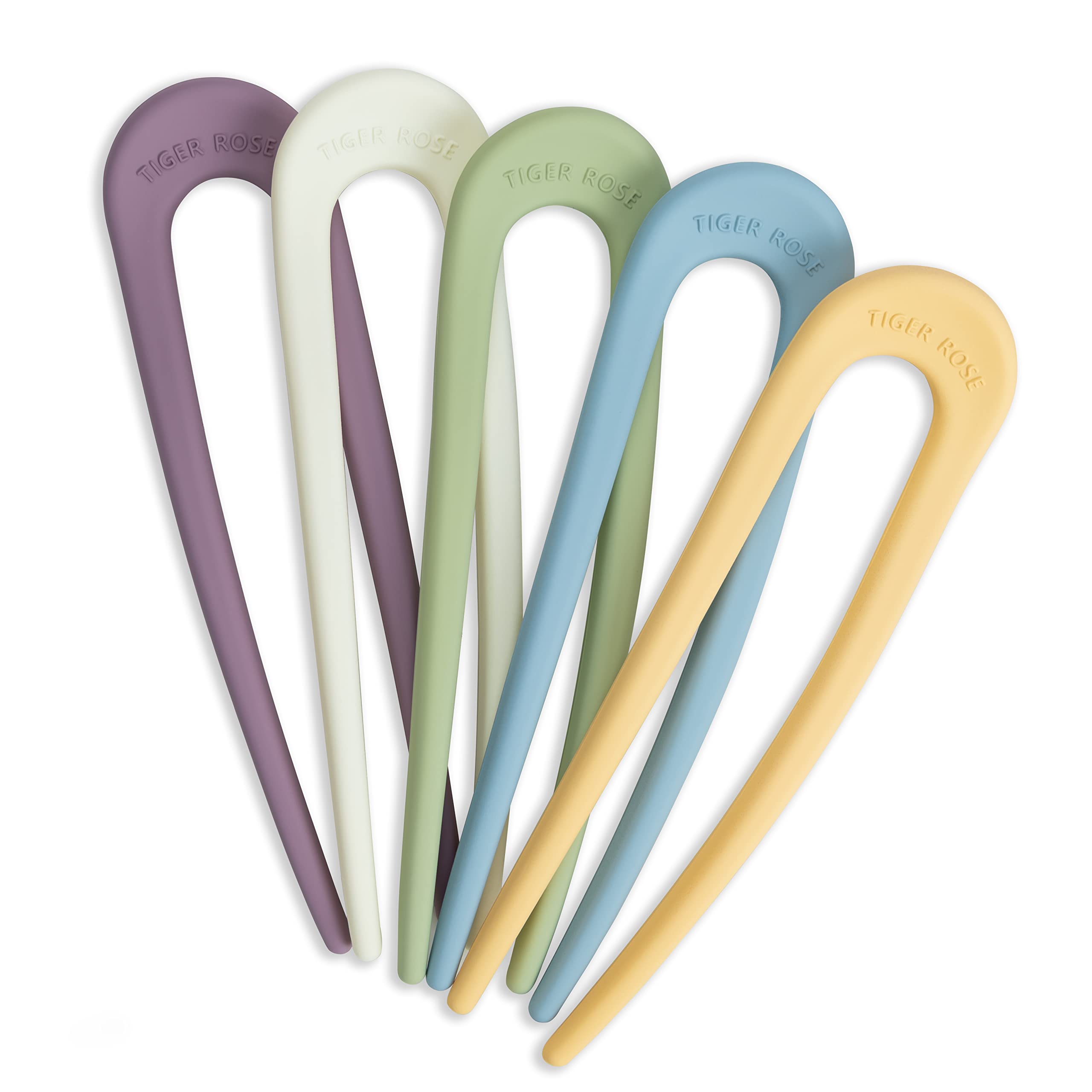 Tiger Rose French Style Hair Pins - U Shaped, Oversized Strong Material - 2 Pronged Hair Forks - Fits All Hair Types - 5 Attractive Pastel Colors