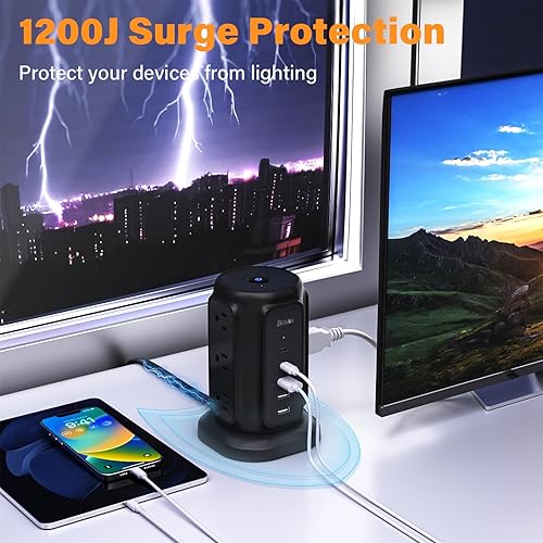 Miniatura 6 de BESFAN - Regleta de alimentación de enchufe plano con 9 tomas, 5 puertos USB (2 USB C), cable de extensión BESFAN de 1625 W de 6.5 pies con