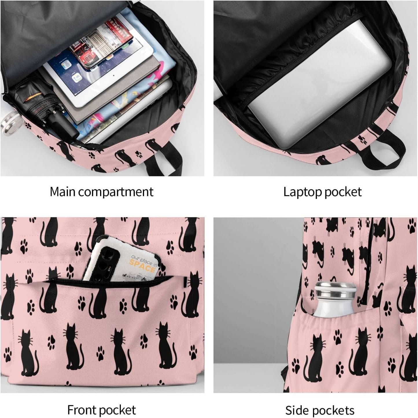 KiuLoam 17 Inch Large Capacity Backpack Cute Black Cat Light Pink Laptop Backpack Shoulder Bag School Bookbag Casual Daypack For Teen Girls