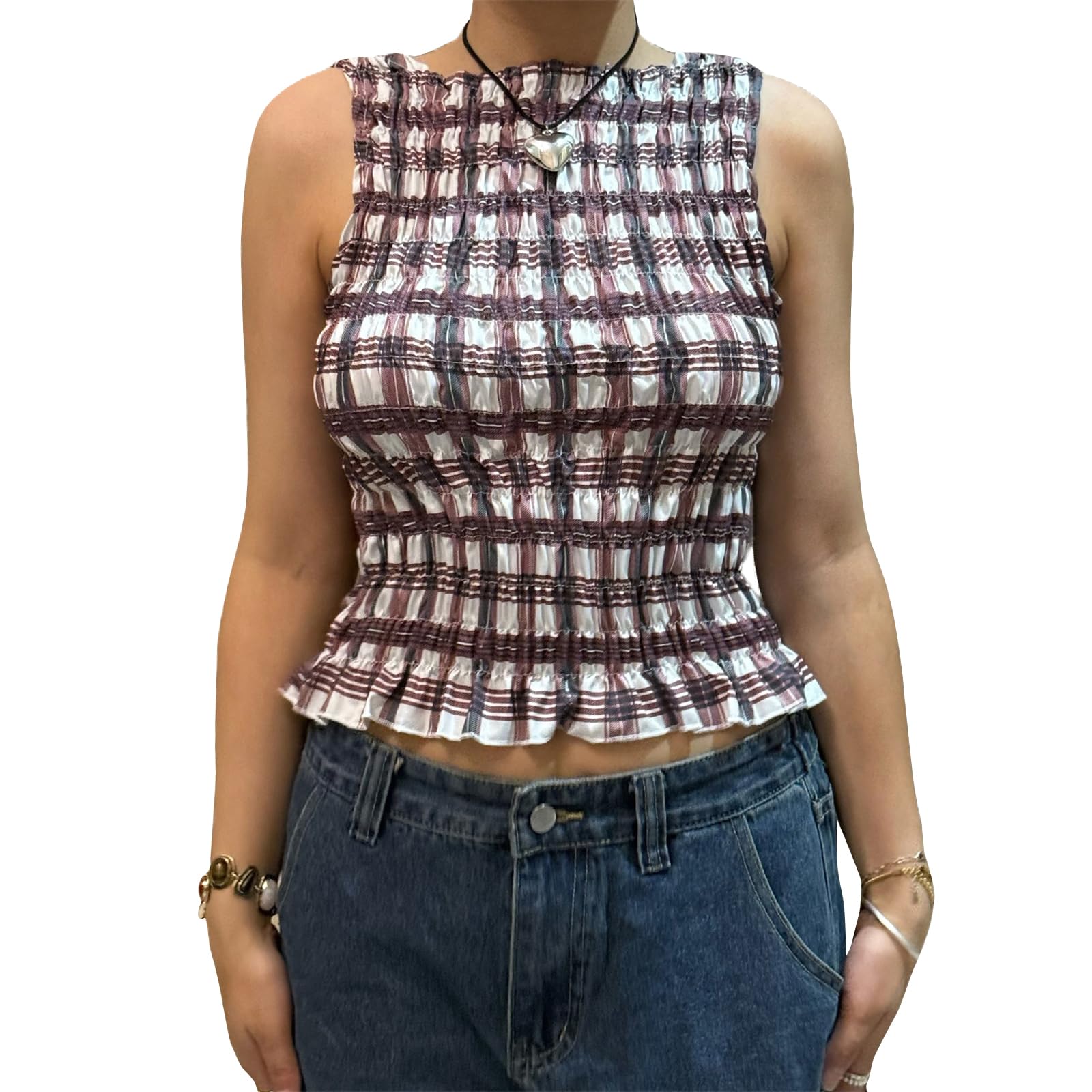 Sexy Outfit Camiseta sin Mangas con Cuello Barco y Dobladillo con Volantes para Mujer, Blusa de Verano Ajustada con Pliegues para Uso Diario Informal
