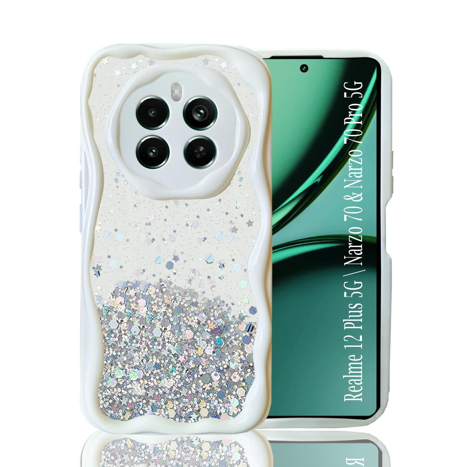 KC Back Cover for Realme 12 Plus 5G, Realme P1 5G & Narzo 70 5G - Dry Fixed Non Moving Glitter Curly Wave Shape Shockproof Bumper Soft Silicone Case with Camera Protection (White) (B0DF4XXMM9) Amazon Price History, Amazon Price Tracker