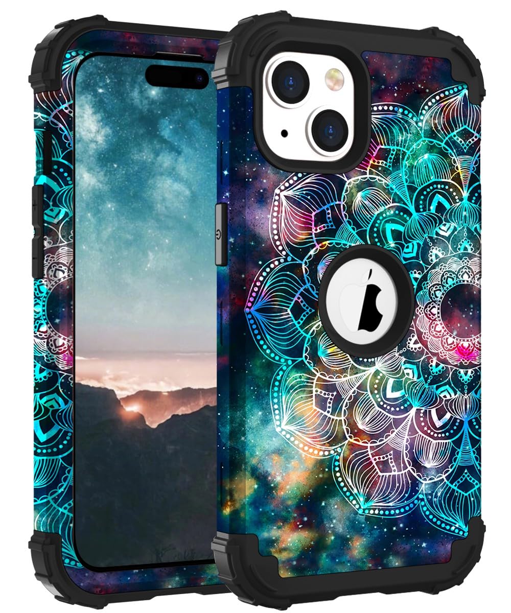 Hocase for iPhone 15 Plus Case, Heavy Duty Shockproof Protection Soft Silicone Rubber Bumper+Hard Plastic Hybrid Protective Case for iPhone 15 Plus 6.7"" 2023 - Mandala in Galaxy