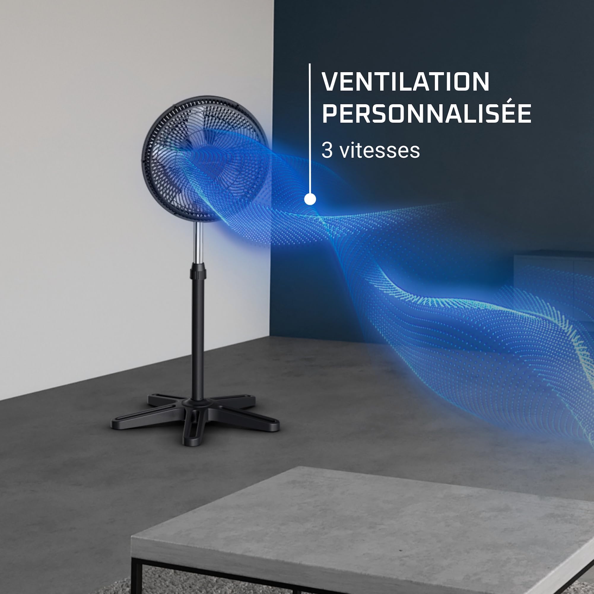 Rowenta Turbo Essential Ventilateur sur pied, Puissant, Design, Durable, Performant, Ecoconçu, 3 vitesses VU3110F3, Noir