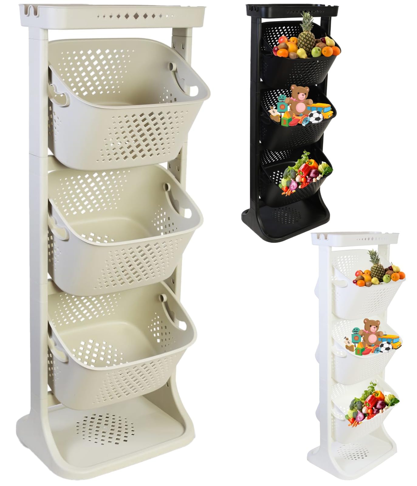 A406 Beige-3 Tier Large New 3 Tier Fruit Vegetable Rack Kitchen Pantry Storage Rack Kitchen Utility Garage Strong Plastic Kitchen Fruit Stand Shelf Stackable Baskets Food Veg Rack Shelf Living Room (Beige-3 Tier)