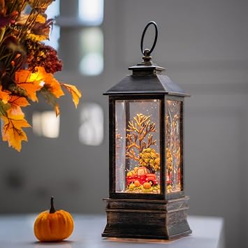 10'' Fall Snow Globe Lantern, Thanksgiving Lighted Lantern, Swirling Glitter Snow Globe for Fall Harvest Day Decorations, Home Fall Decor Gift (Truck&Pumpkins)