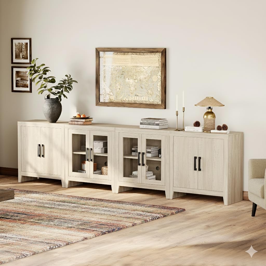WAMPAT TV Stand for TVs up to 110 inch, Farmhouse Entertainment Center with Storage, Wood Media Console with Glass Doors and Closed Cabinets, Rustic TV Cabinet with Adjustable Shelves, Beige