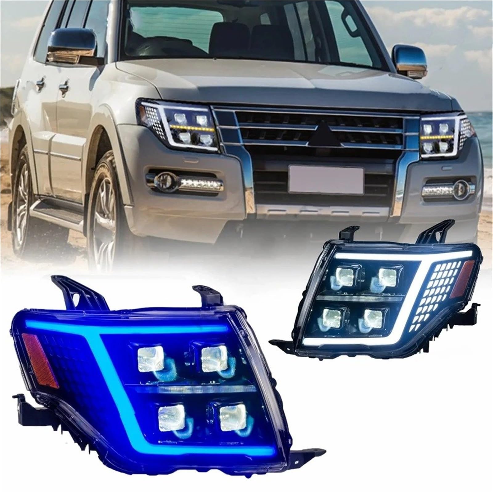 Faro Anteriore per Mitsubishi V98 Montero 2006-2021 Gruppo Ottico Anteriore Luce Diurna DRL Coppia sequenziale Faro Anteriore Gruppo Ottico per Auto