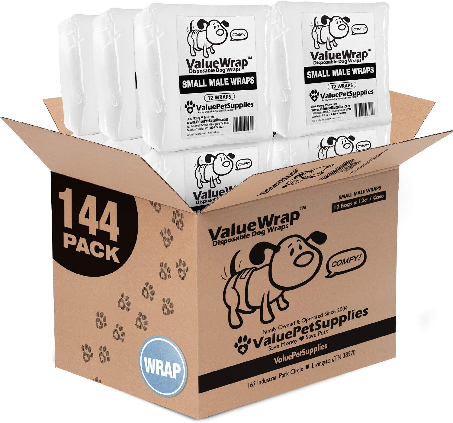 Male Wraps Disposable Dog Diapers, 2-Tabs Small, 144 Count - Male Wraps, Incontinence, Snag-Free Fastener, Leak Protection, Wetness Indicator
