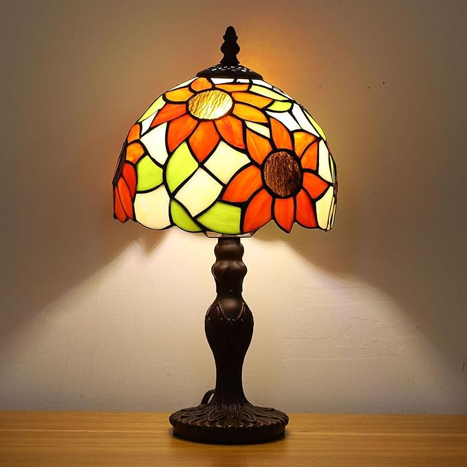 FUMAT Tiffany Small Table Lamp Sunflower 3-Way Color Temperatures Stained Glass Table Lamps for Living Room Bedroom Bedside Nightstand Night Light Home Office Desk Lamp W/LED Bulb 8X8X15Inch photo 3