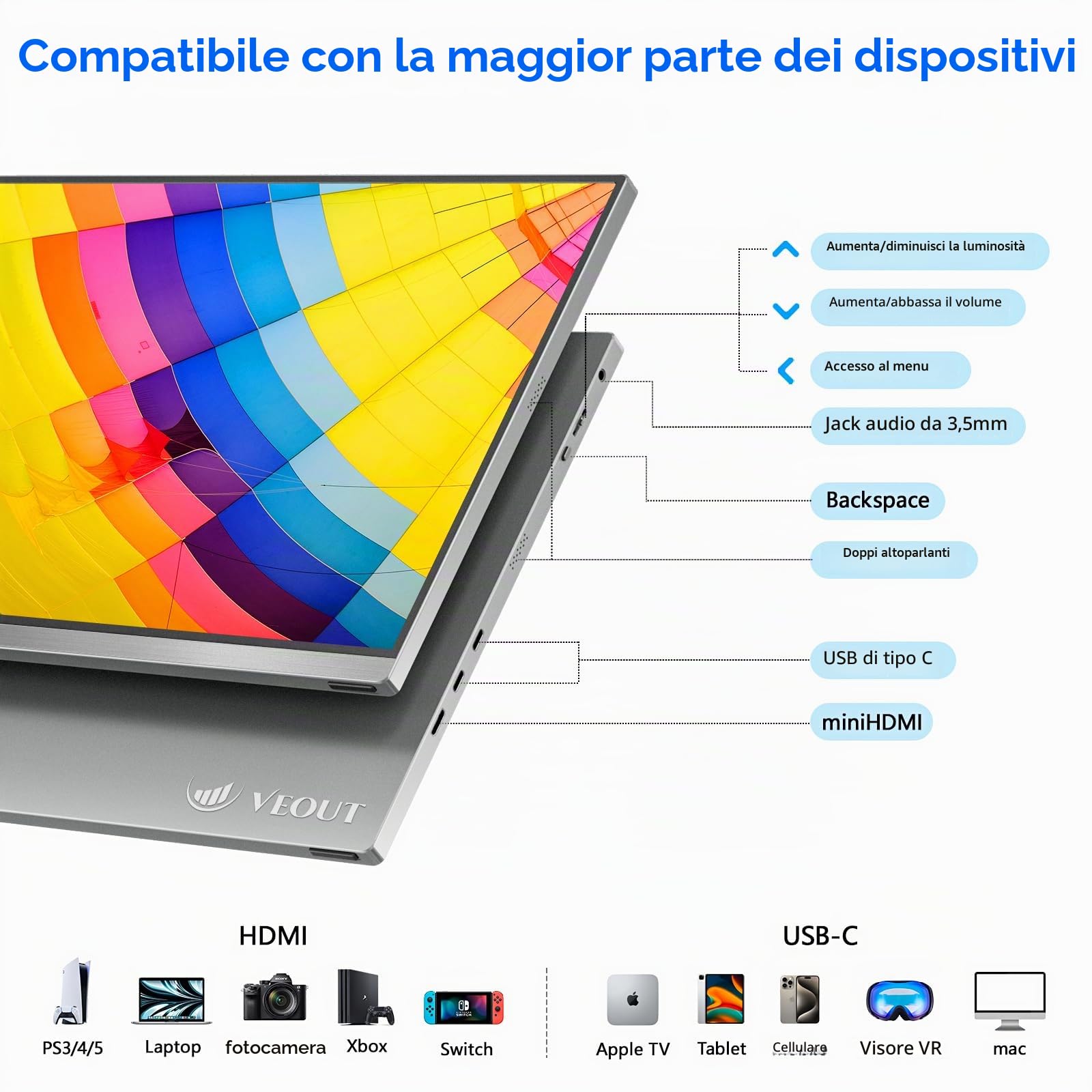 Veout Monitor portatile da 16" monitor per laptop IPS 1920 x 1200P con connettore USB - C monitor per gaming con FreeSync e HDMI dotato di un piedino regolabile disponibile