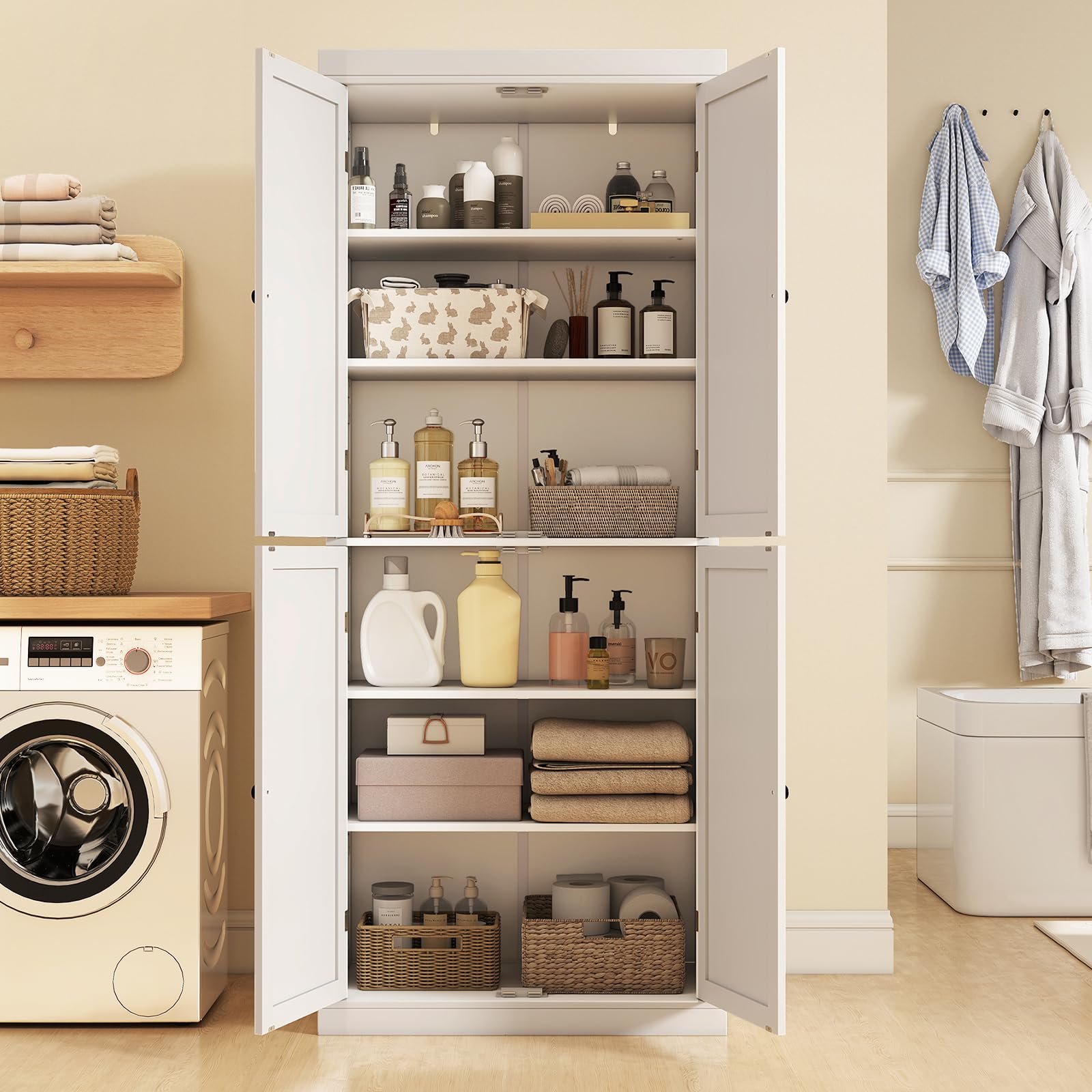 COSTWAY 6 stöckiger Garderobenschrank, Kleiderschrank mit 4 Türen & verstellbaren Regalen, Mehrzweckschrank Küchenschrank, Hochschrank für Badezimmer, Esszimmer, Büro, 76 x 40 x 184,5 cm, Weiß