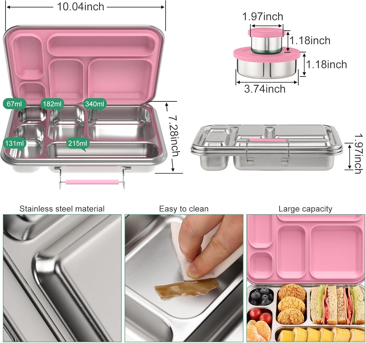 Stainless Steel Bento Box for Adults & Kids, 5-Compartment Lunch Box with 2 Sauce Containers, BPA-Free Bento Lunch Container, Dishwasher Safe, School & Work Meal Prep Lunch Container (Pink)