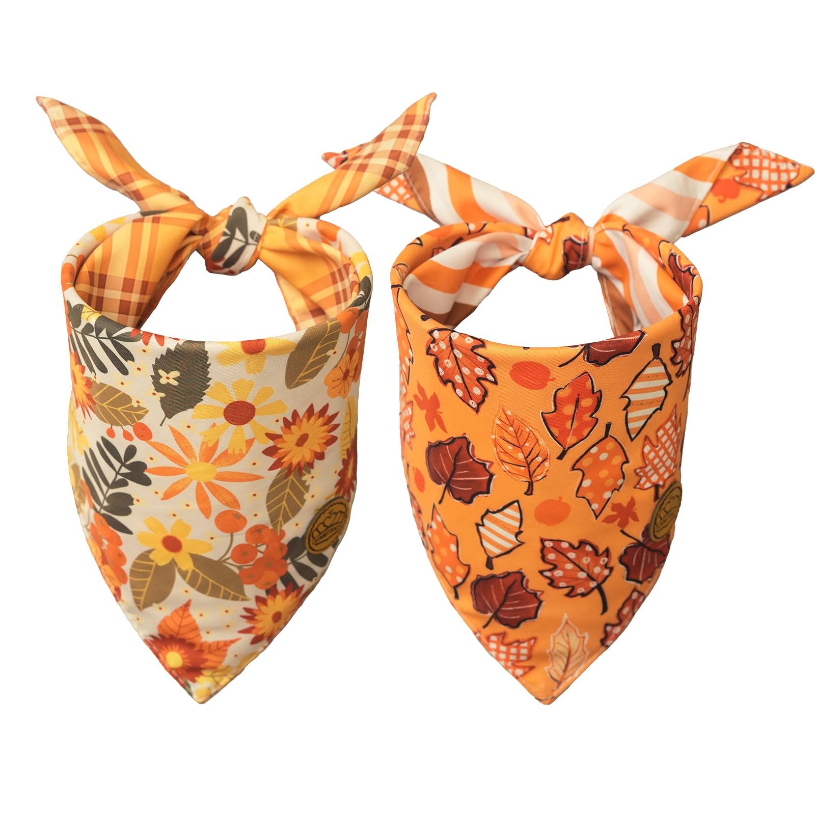 CROWNED BEAUTY Fall Dog Bandanas Reversible Large 2 Pack, Rustic Flower Set, Orange Adjustable Triangle Holiday Scarves for Medium Large Extra Large