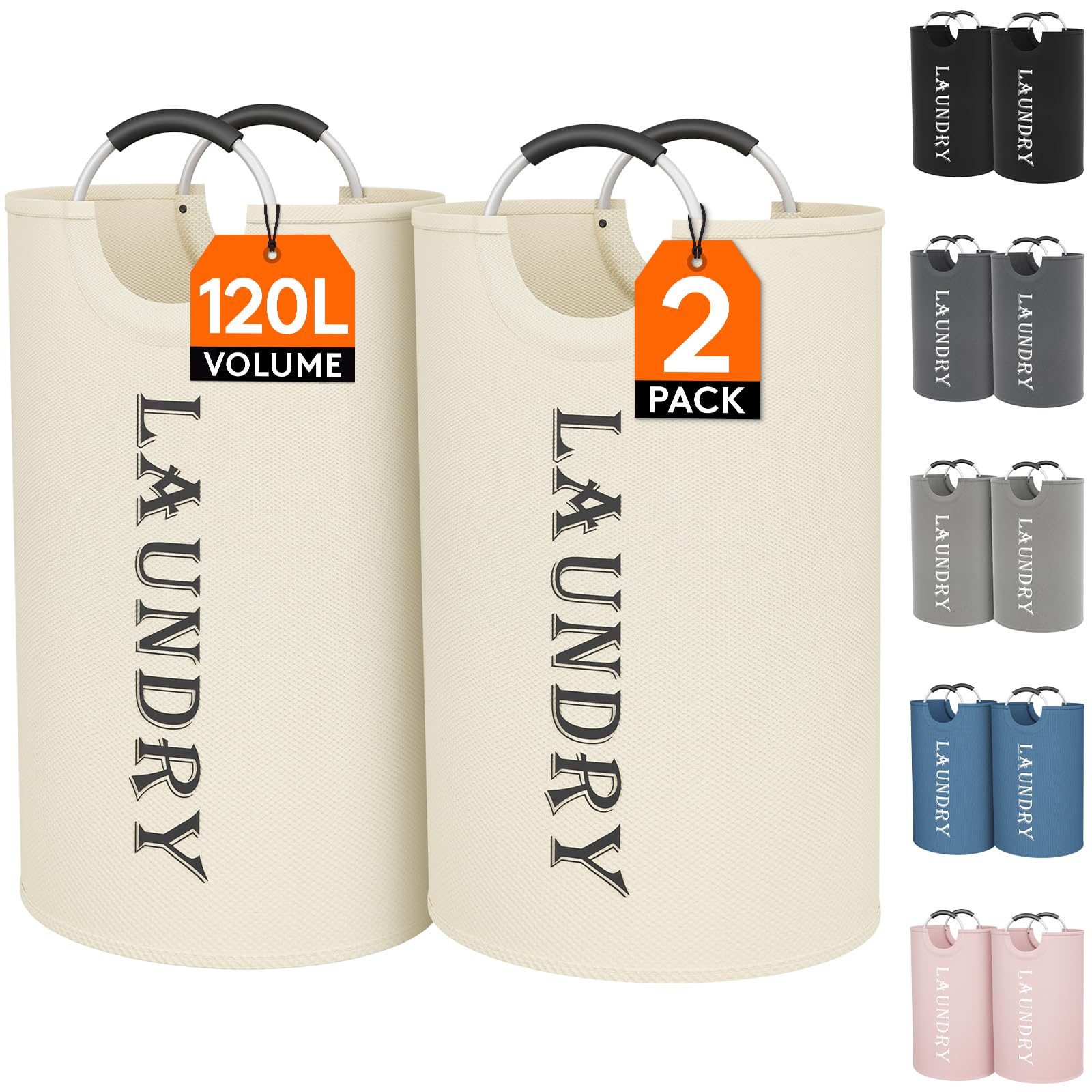 Lifewit 120L 2-Pack Large Laundry Basket, Collapsible Laundry Hamper with Aluminum Handles, Waterproof Freestanding Dirty Clothes Hampers for Laundry