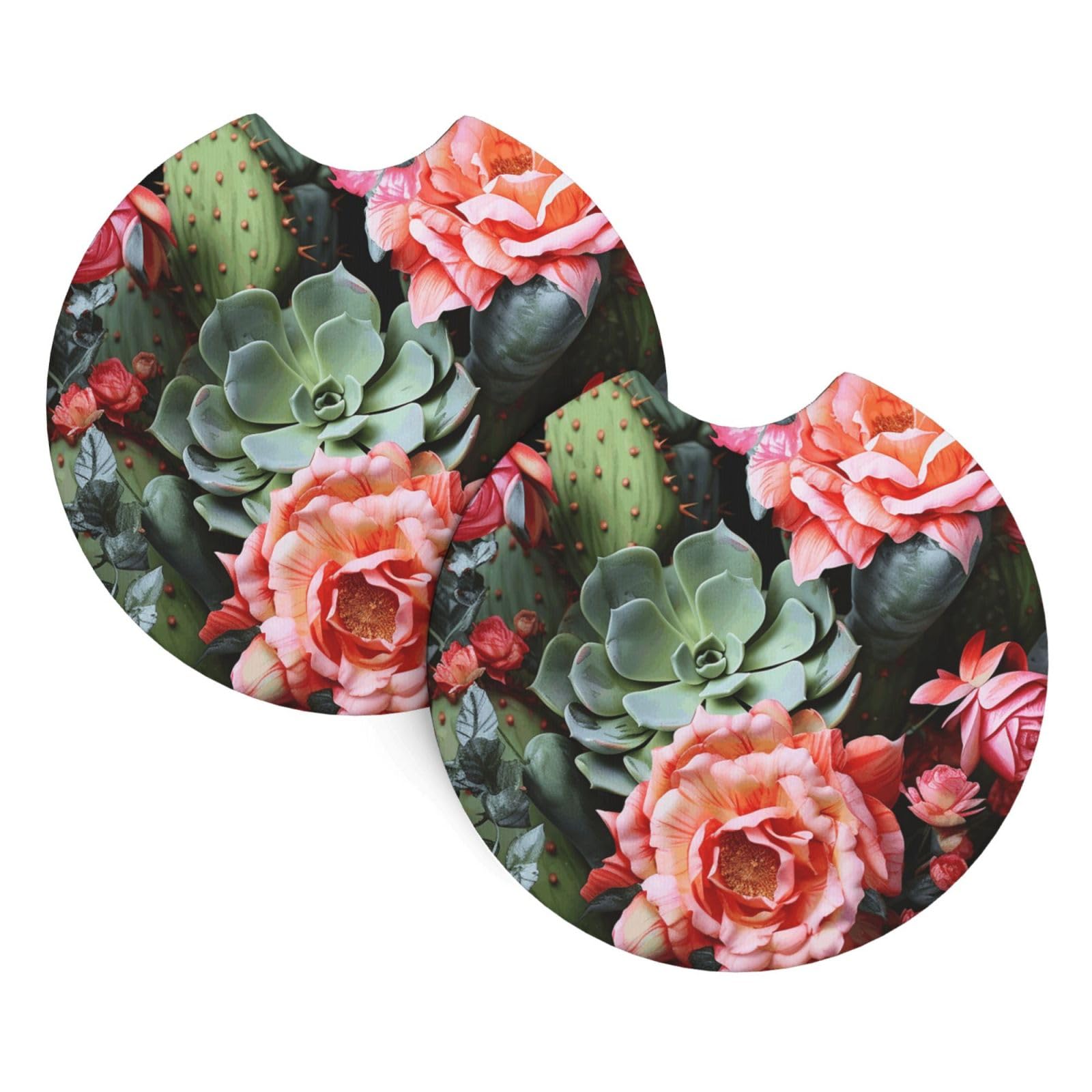 2PCS Car Coaster for Cup Holders Universal Auto Cup Mat Roses Flowers and Cactus Cup Coaster Pad 2.7" Waterproof Neoprene Non-Slip Cup Holder Coasters Car Interior Accessories for Women Men
