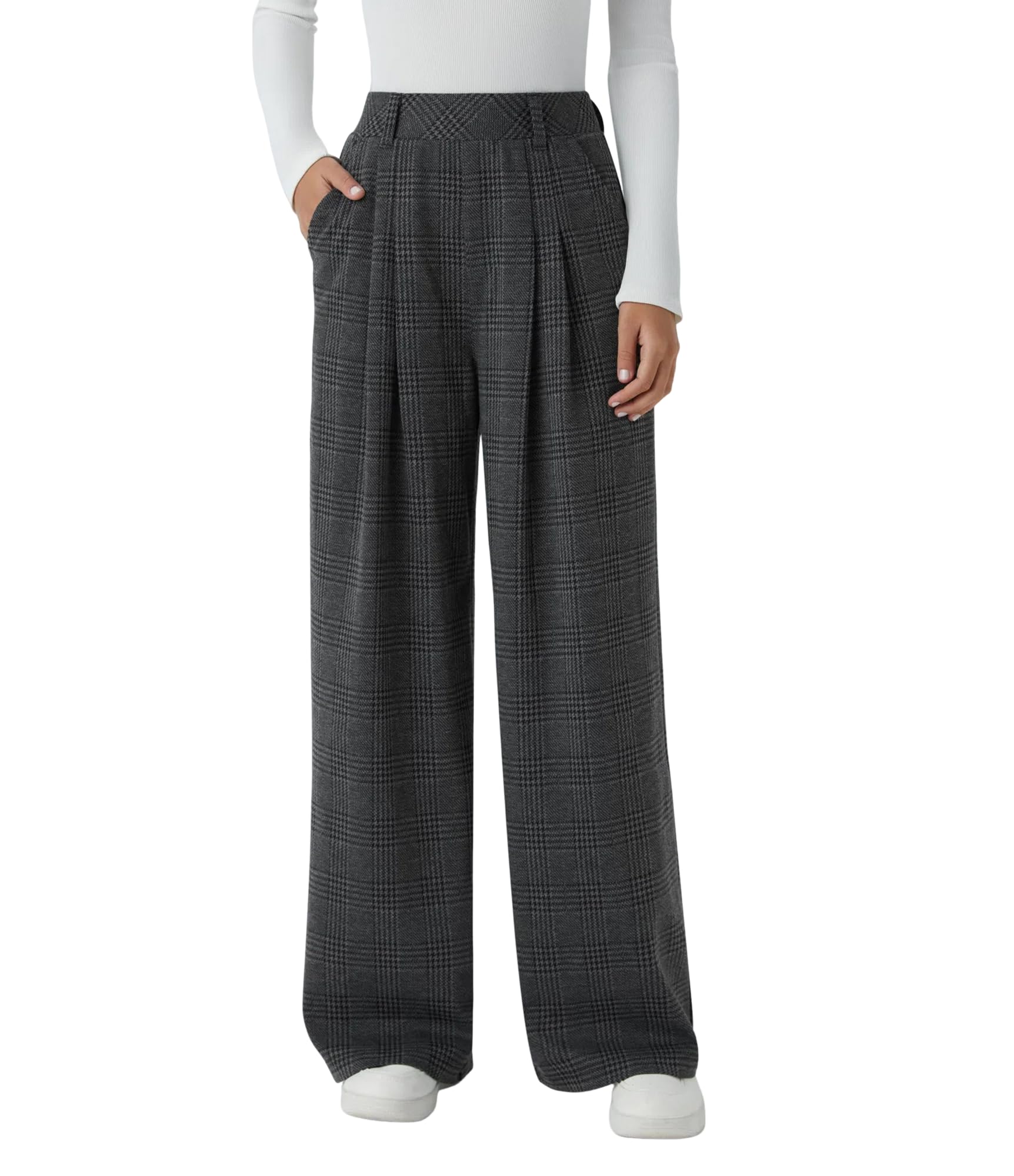 ZAFUL Womens Houndstooth Plaid Wide Leg Pants High Waisted Straight Leg Loose Work Business Casual Trousers with Pockets
