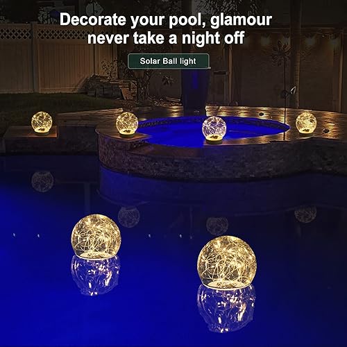 Miniatura 9 de Luces flotantes de piscina alimentadas por energía solar, brillan en la oscuridad, luces solares de globo solar blanco cálido que flotan, 6.9