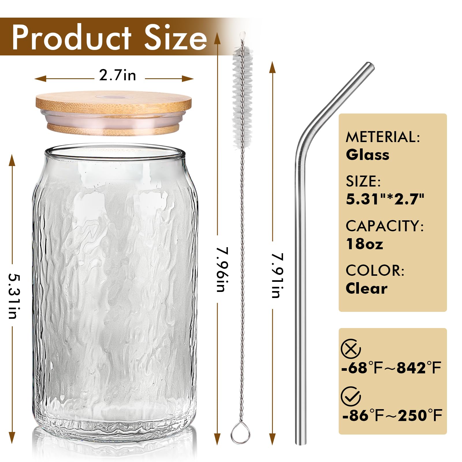 RBUGR Glass Cups with Bamboo Lid and Straws, 2 Set 18oz Glasses with Straws and Brush. Glass Cups with Unique Ripple Pattern for Coffee, Drinks, Sodas, Beer, Decoration