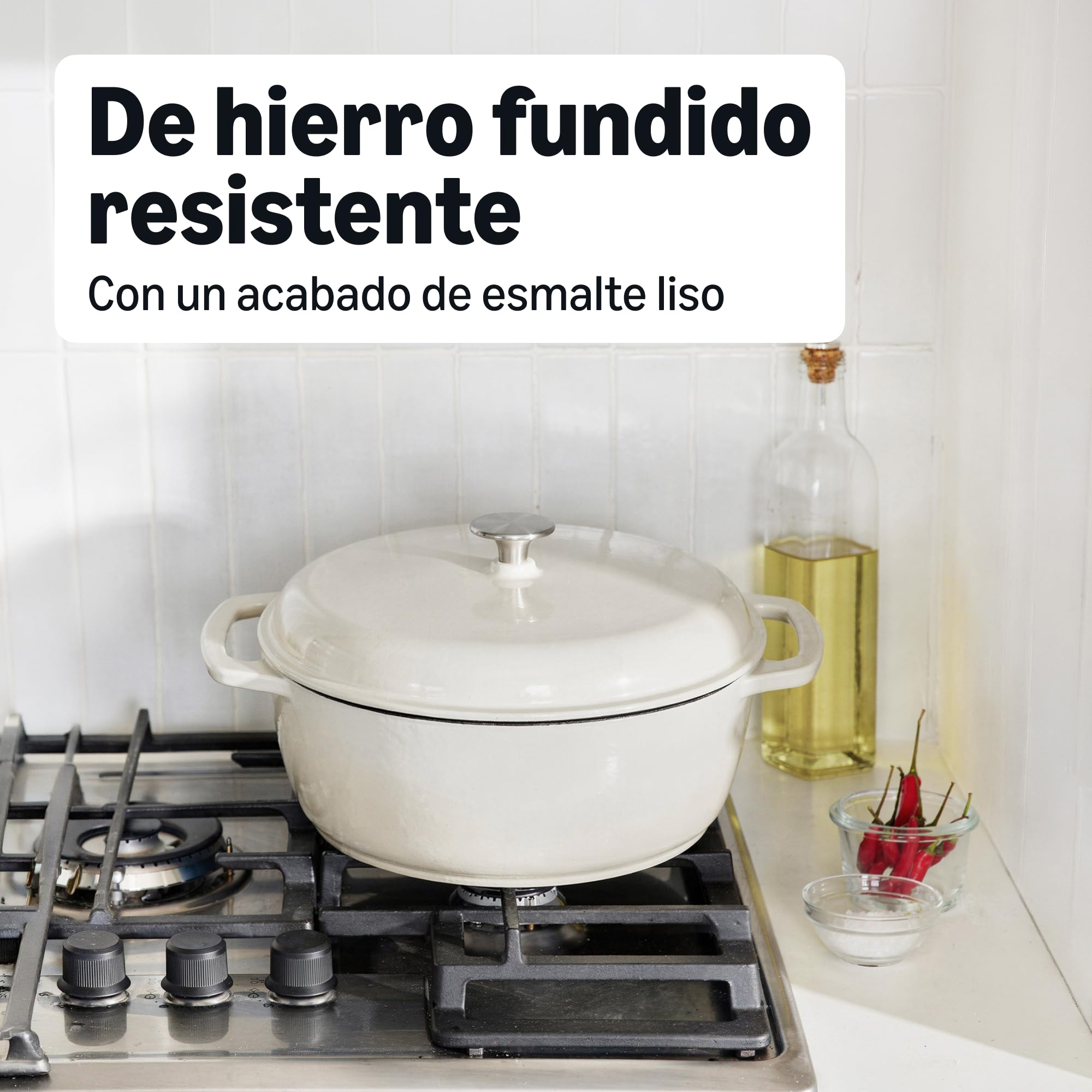 Amazon Basics Cazuela Redonda de Hierro Fundido Esmaltado con Tapa, 4,1 L, Blanco